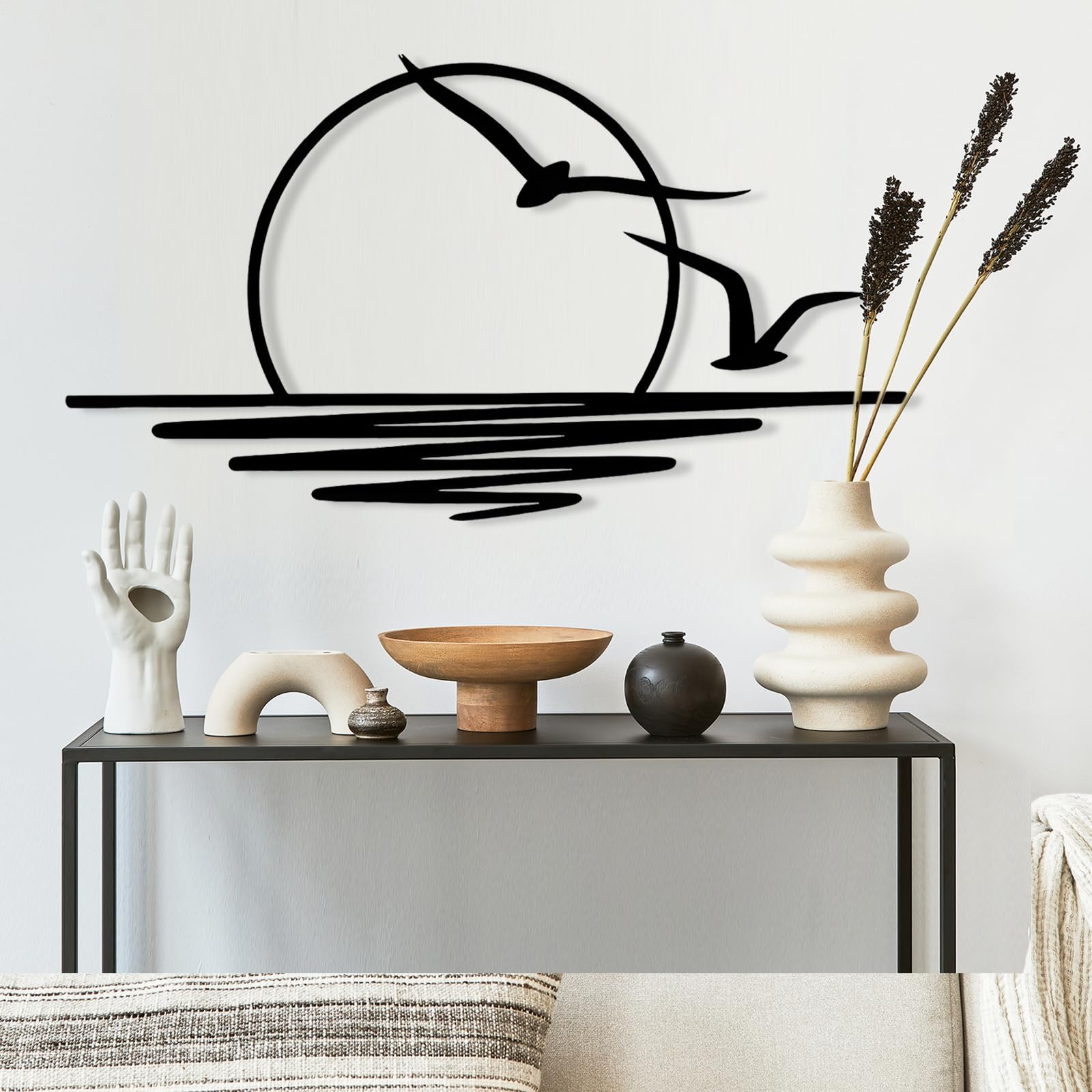 Wanddeko, 100 x 50 cm Schwarz Metall Wanddeko, wunderschöne Wanddekoration mit Möwen und Sonnenaufgang Muster, minimalistische Linienkunst Wandornament Hängen Dekor für Wohnzimmer, Schlafzimmer, Büro
