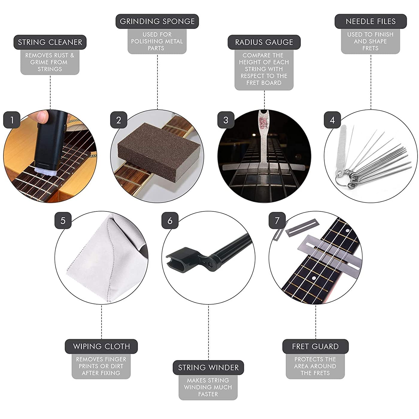Kit d'outils de réparation et d'entretien de guitare RuiJOTWAT 54 pièces, accessoires de nettoyage et d'entretien de guitare pour tous les instruments à cordes, outils de luthier