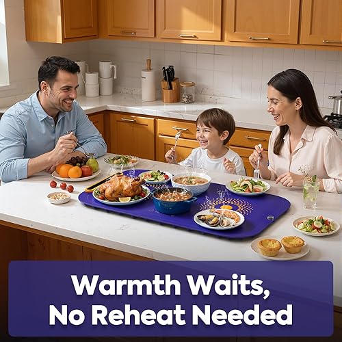 Miniatura 9 de Tapete de calentamiento para alimentos, 27 x 16 pulgadas, tapete eléctrico de calentamiento de alimentos para encimera con 7 ajustes de temperatura,