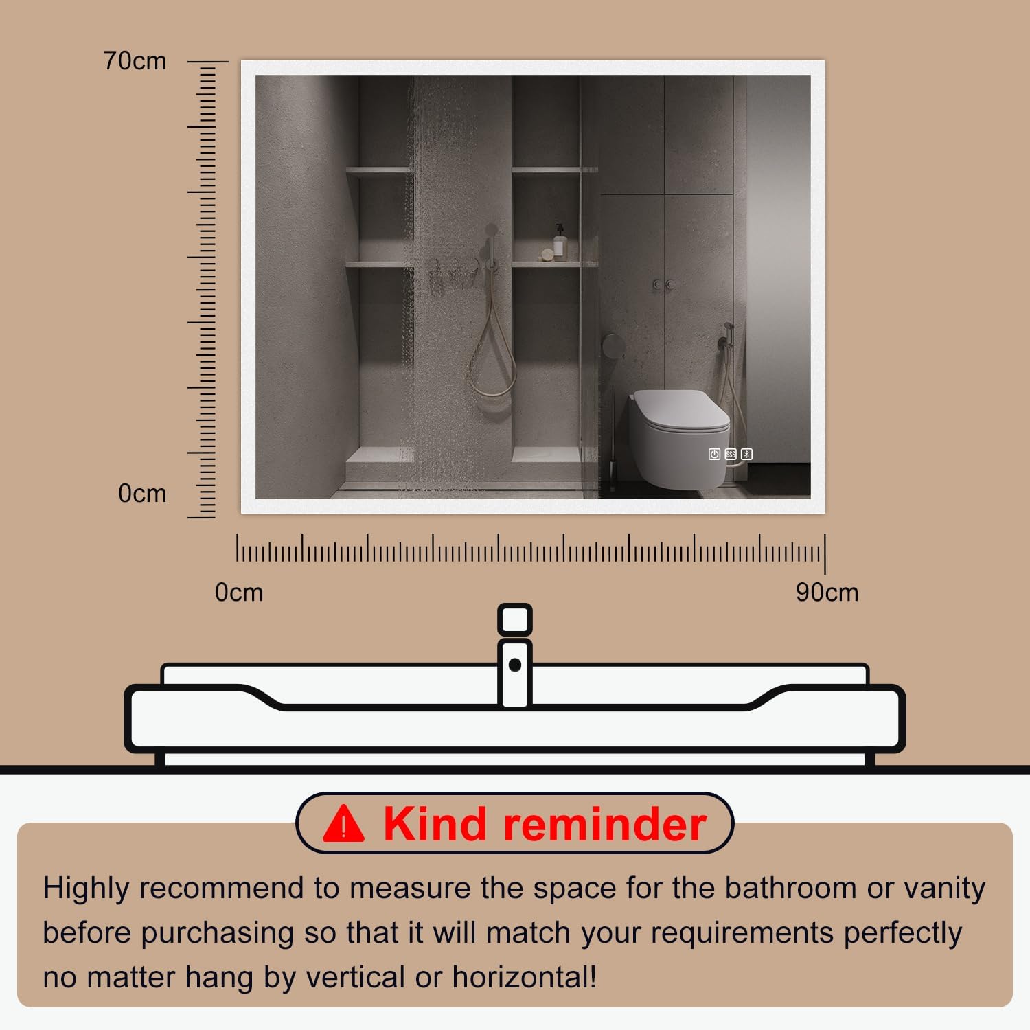 S'bagno 36x28 Bathroom Mirror with Lights, Wall-Mounted Vanity LED Bathroom Mirror, Horizontally/Vertically Hangings Mirror with Bluetooth Speaker, Acrylic Frame, Dimming, Color Changing, Anti-Fog