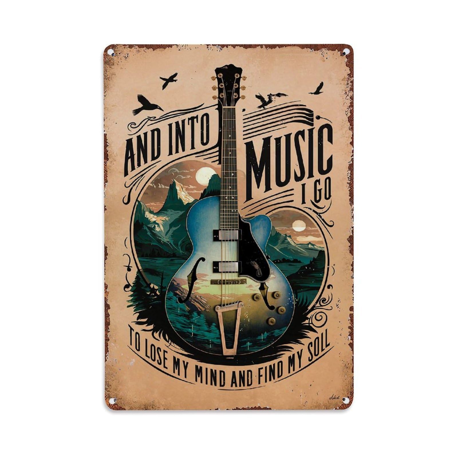Guitar Landscape Birds Music Soul Retro Metal Tin Sign, Vintage Decor Art Poster for Bar, Home, Man Cave, Kitchen, Laundry Room Gift 8x12Inch