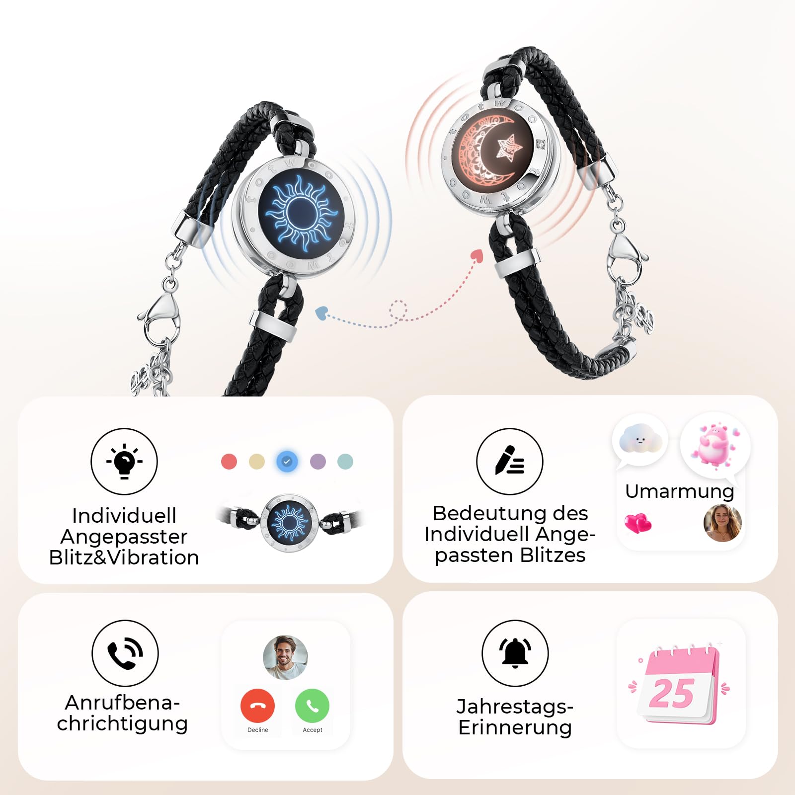 TOTWOO Bracciali per Coppie con Collegamento Bluetooth Uno a Uno tramite App, Luci e Vibrazione al Tocco – Regalo Romantico per Relazioni a Distanza, in Acciaio Inossidabile 316