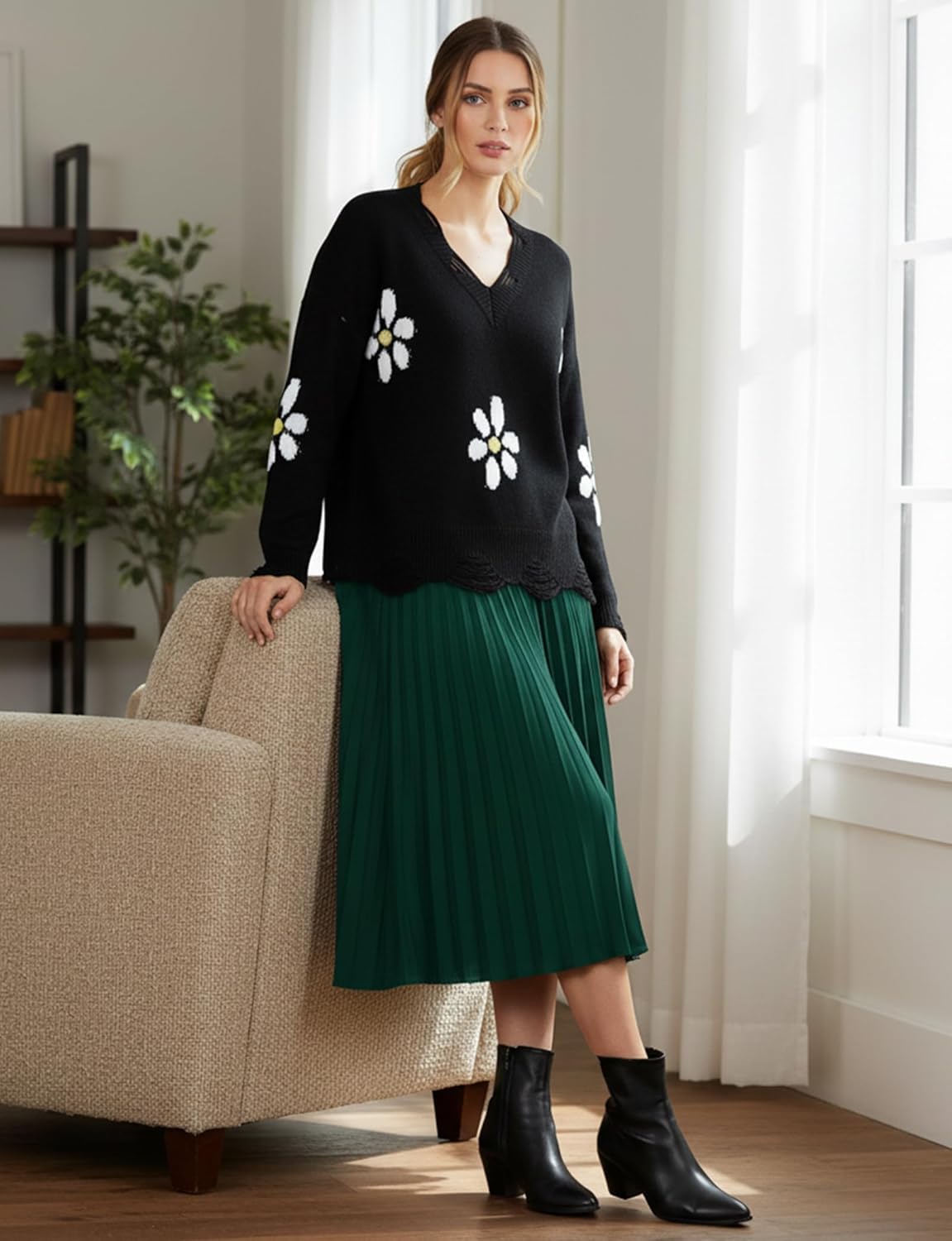 Maxure Women's V Neck Raw-Edge Fuzzy Sweater Trendy Long Sleeve Ribbed Knit Pullover Sweaters Dressy Casual Tops Clothes - Image 3