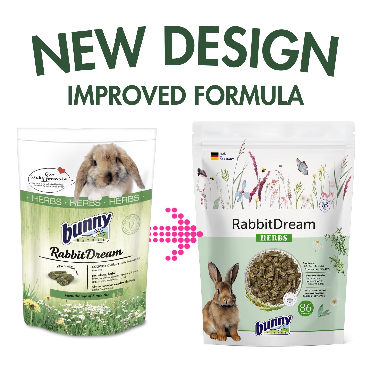 Bunny KaninchenTraum Erbe | 600 g | Alimento completo per conigli nani dai 6 mesi di età | 63 diverse piante ed erbe da prati non trattati | Miscela a 3 fibre