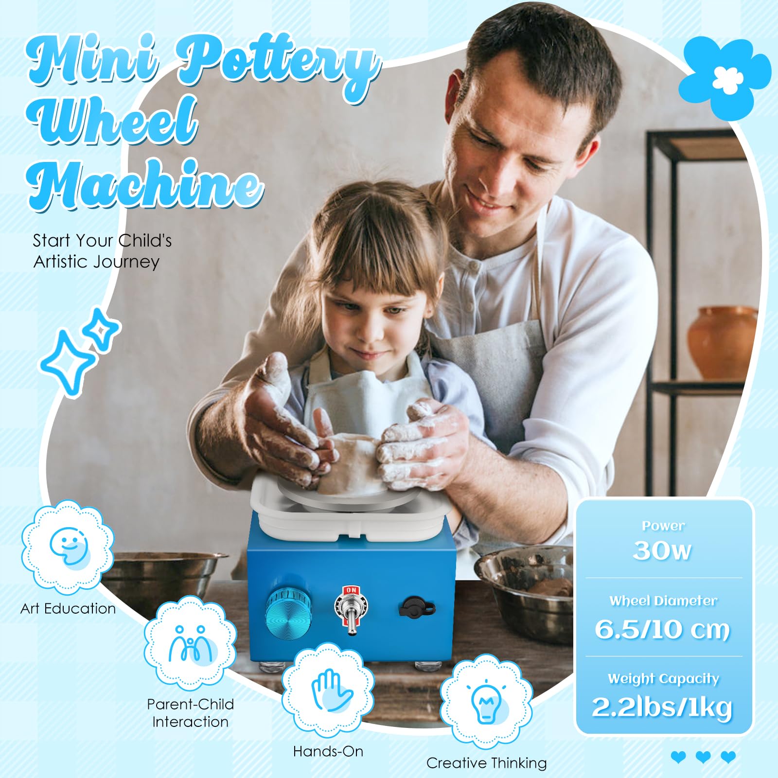 Mini Rueda de Cerámica, 2000RPM Máquina Eléctrica de Cerámica con Lavabo Extraíble de ABS y Placas de 10/6,5 cm y para cerámica de Arcilla, Kit Ceramica para Niños, Adultos Y Principiantes