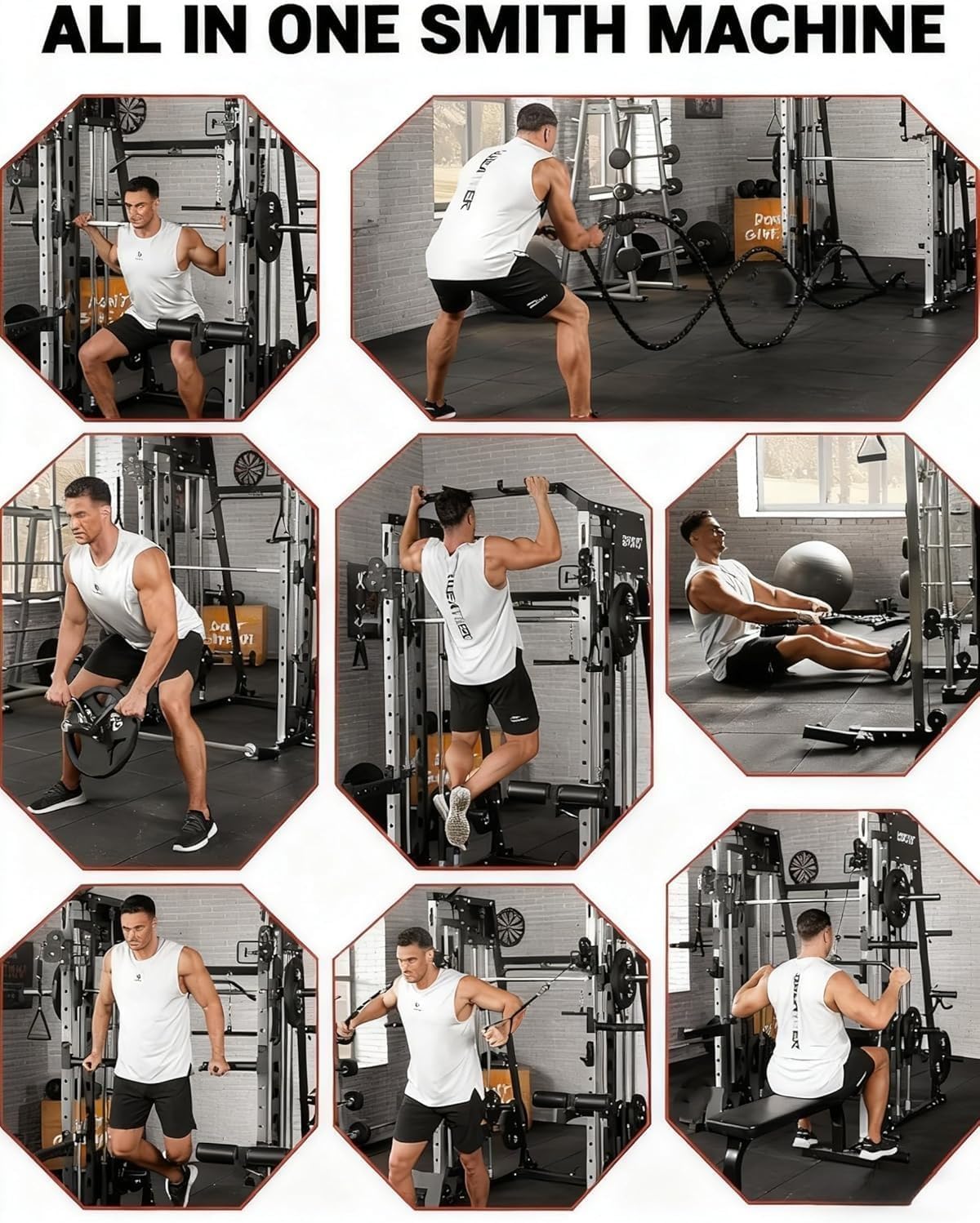 Smith Machine Power Rack, 2200 LB Capacity, Multi-Functional Home Gym LAT Pulldown & Cable Crossover, t-Bar Row, Leg Anchor, Full Body Strength Trainer