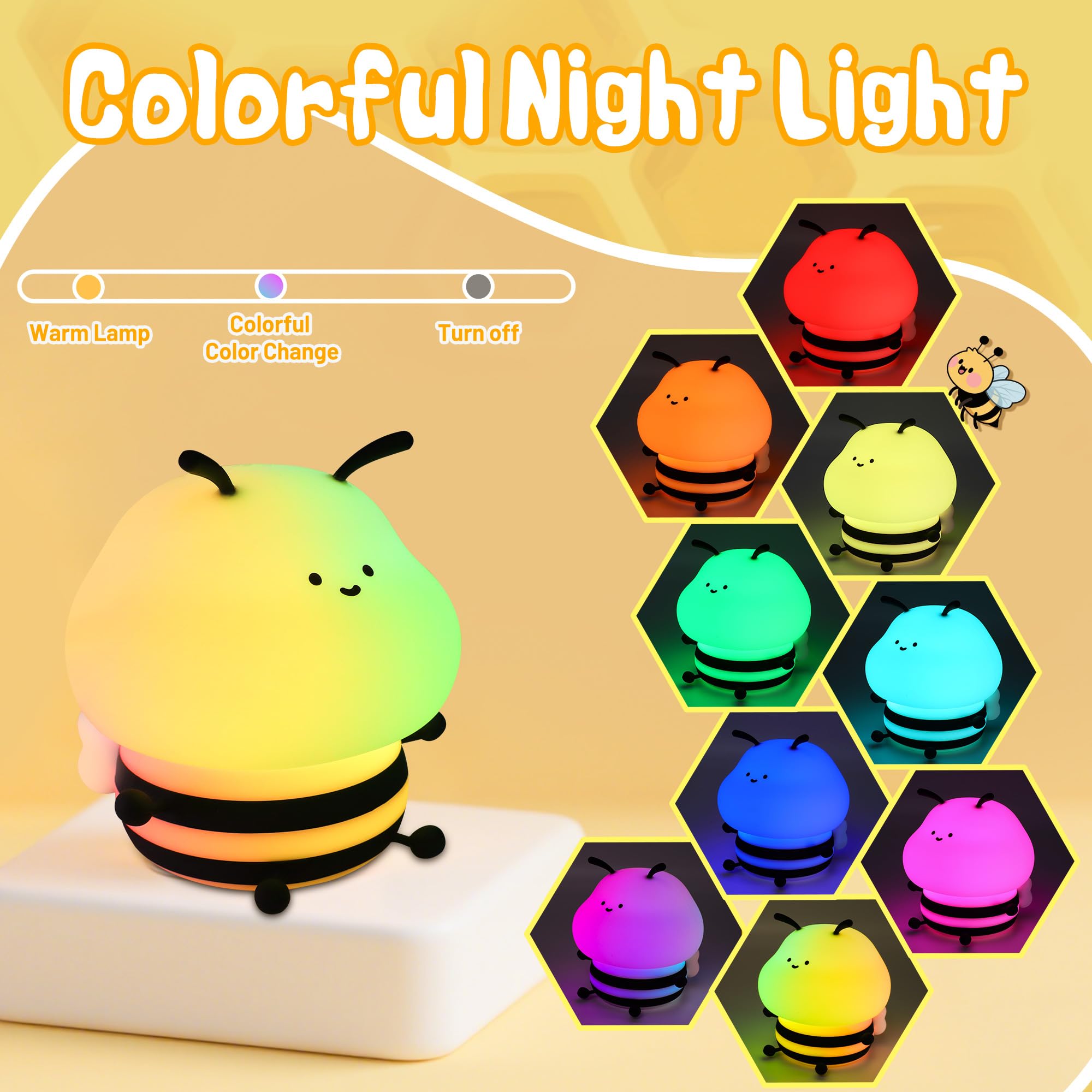 Attivolife Bee Night Light, Cute Bee Gifts for Kids, Animal Silicone Nursery Lamp with 8 Color Lights & Dimming & Timer, USB Rechargeable Protable Bedroom Decor Birthday Xmas Present for Girl Boy Teen