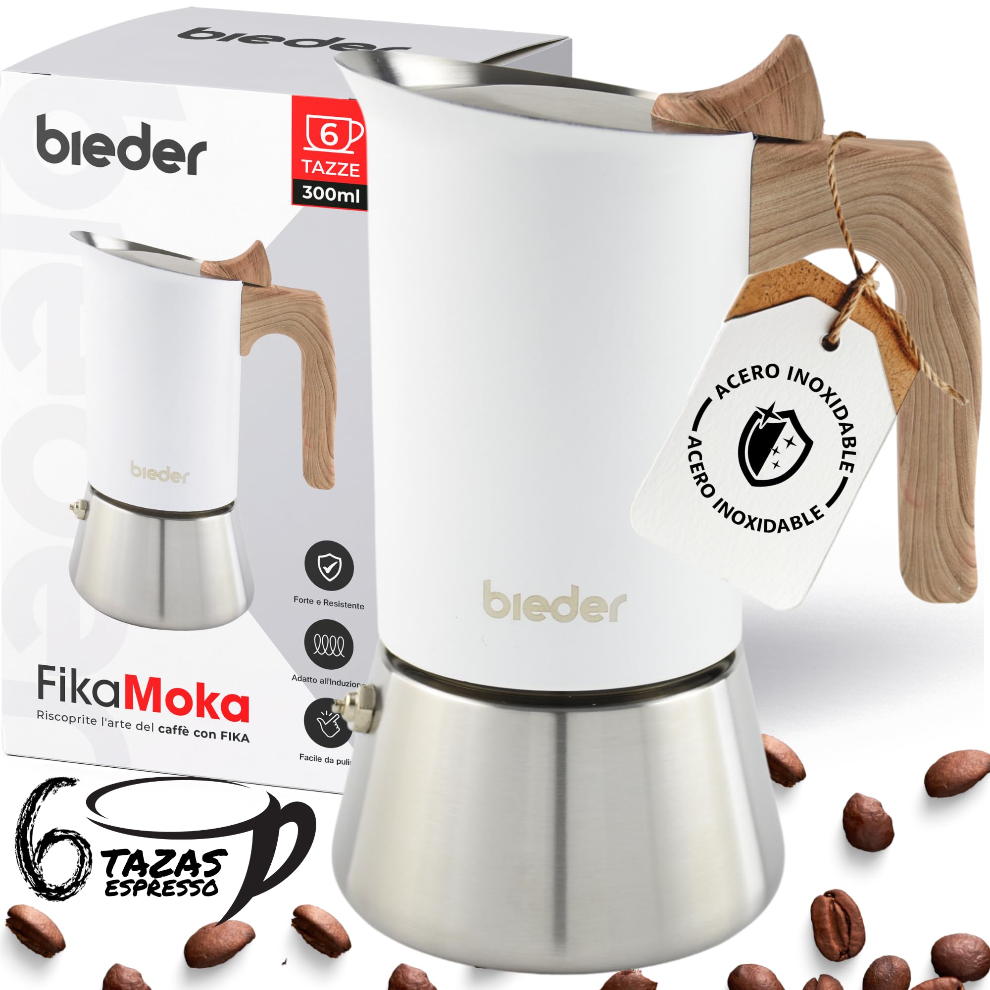 Fika Moka 6 tazas - Cafetera italiana induccion de acero inoxidable para todo tipo de cocinas. Diseño nórdico premium, mango efecto madera, resistente y fácil de limpiar - pensada para destacar
