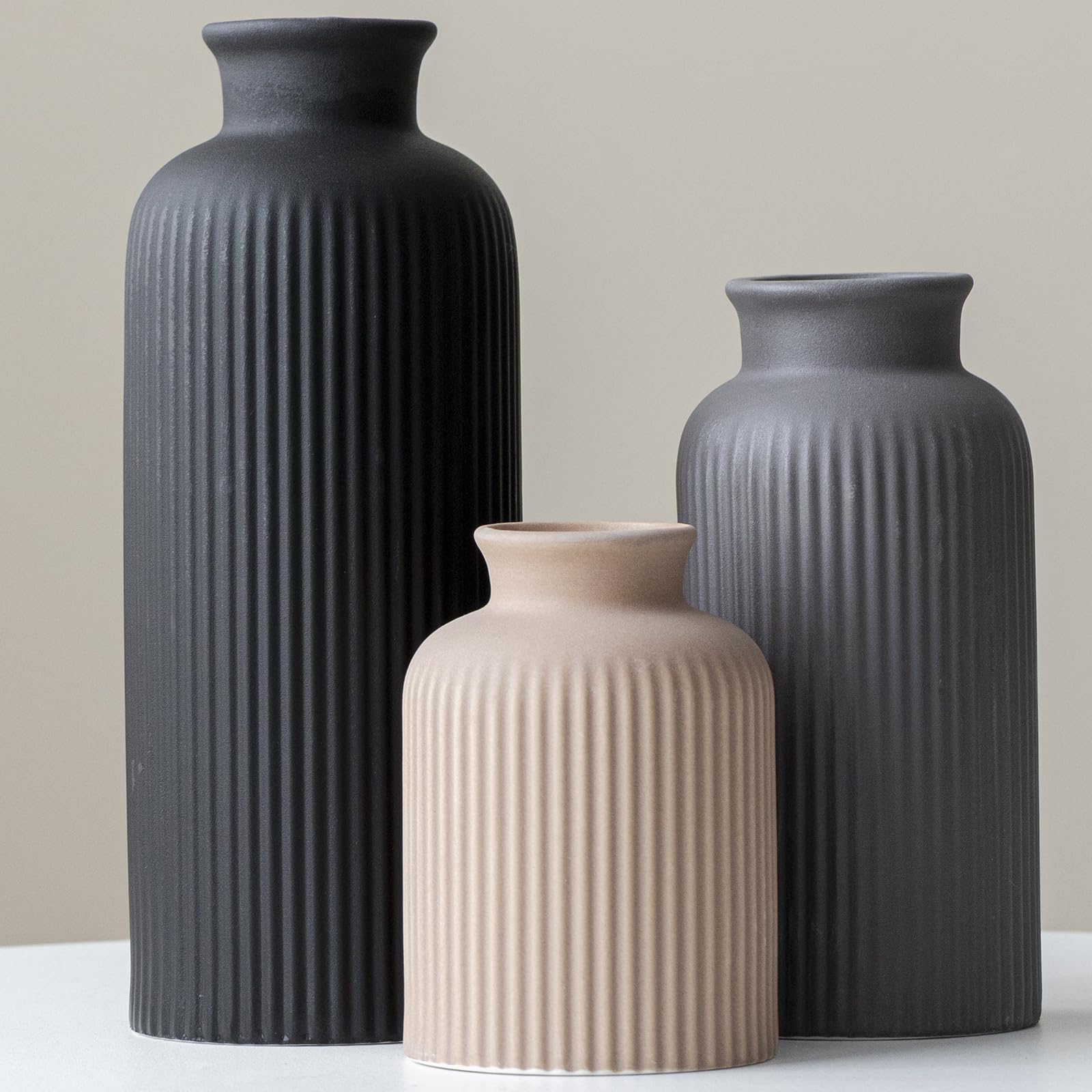 Set di vasi in ceramica moderno e grande, finitura opaca a coste nere, 3 pezzi, vasi decorativi per casa, soggiorno, ufficio, altezza 25,4 cm, larghezza 10,2 cm (mix nero XL)