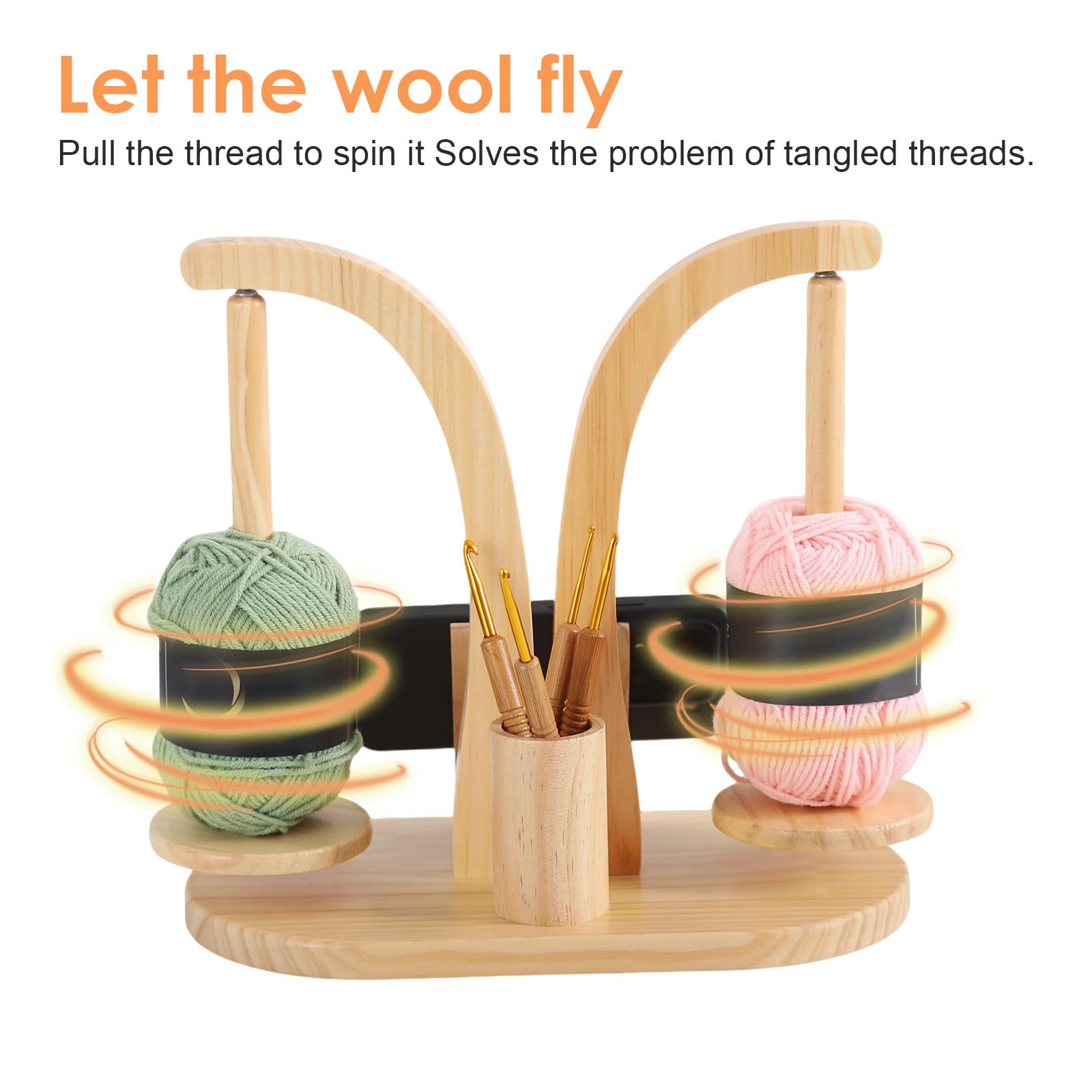 Svolgitore magnetico in legno con organizer per accessori a maglia, supporto per filo rotante per lana, con supporto per cellulare per amanti del uncinetto (legno naturale)
