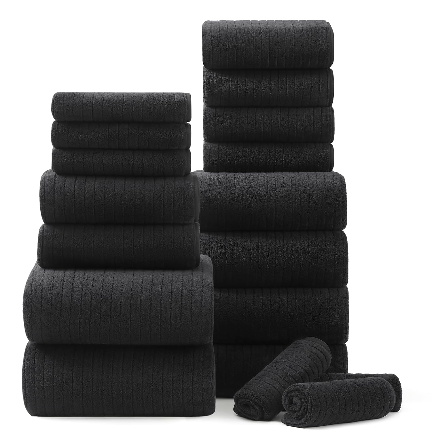 Photo 1 of 18 Piece Bath Towels Set,Super Soft Family Bathroom Towel Set with Hanging Loops-6 Bath Towels,6 Hand Towels,6 Washcloths,Highly Absorbent Quick Dry Shower Towel for Bathroom,Hotel,Spa-Black Towel Set