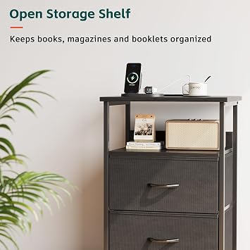 Bedside Table with Charging Station, Smart Beside Cabinet, Nightstand with 2 Fabric Drawers & LED Light, Small Side Table with Open Storage Shelf, End Table for Living Room, Bedroom, Black