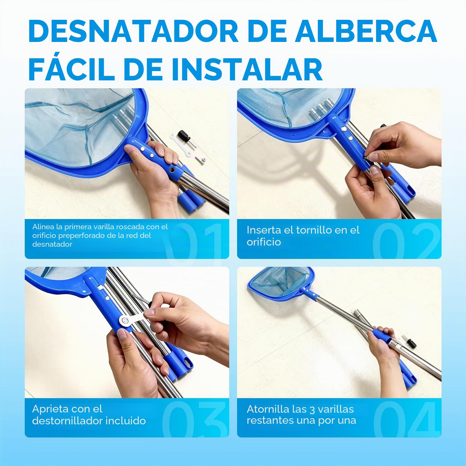 Recogehojas Piscinas 185cm, Limpiafondos Piscina con Varilla Telescópica, Swimming Pool Accessories, Viene con Cepillo Limpieza, Toalla, para Piscinas, Estanques, Parques Acuáticos