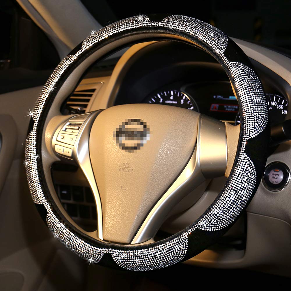 2020 Winter Steering Wheel Cover Bling for Car, White Sunflower Sparkly Diamond Crystal Rhinestone for Girls, Universal 15 inch Bling Accessories Anti-Slip Cute Wheel Protector