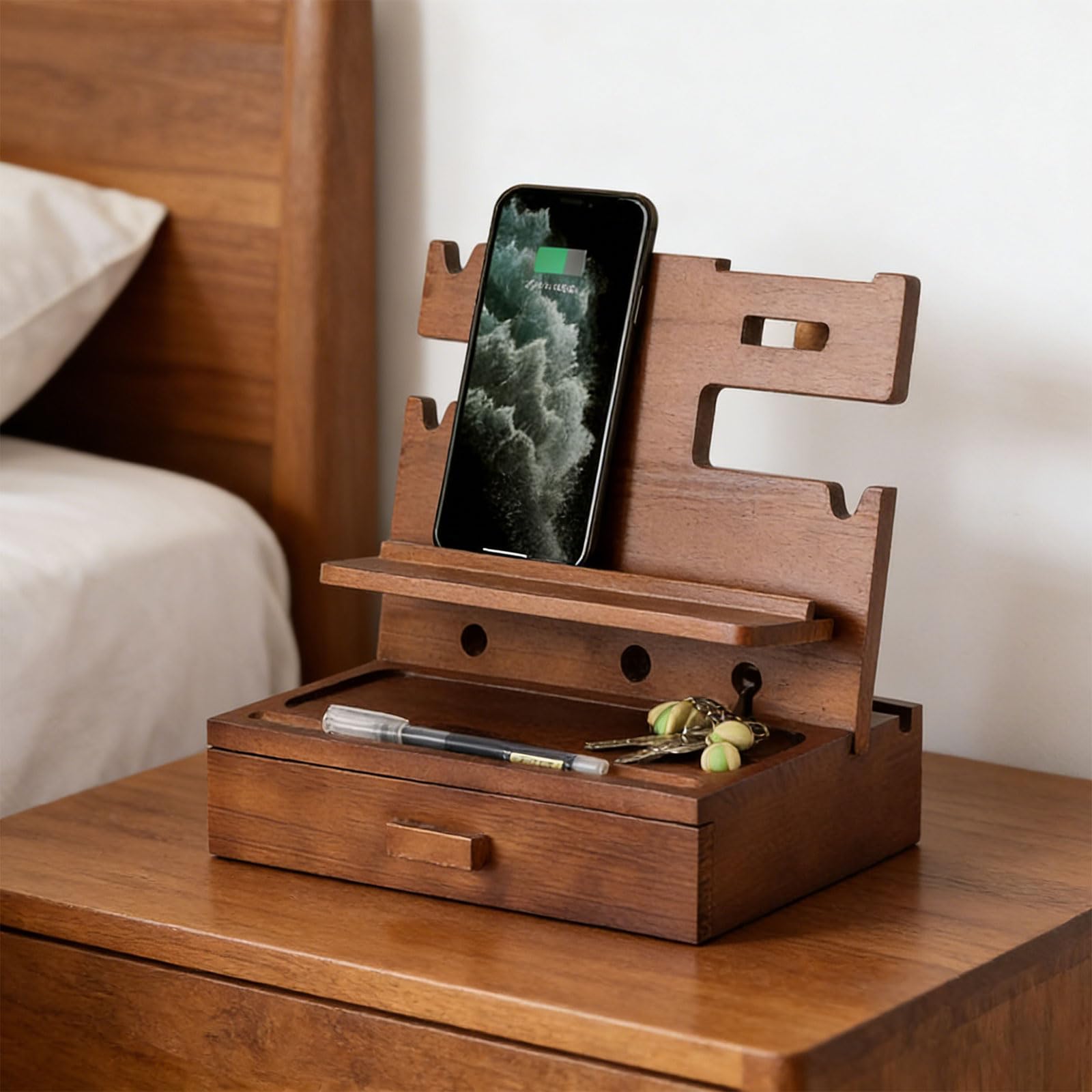 Supporto per telefono e scrivania in legno per diversi dispositivi, adatto per la maggior parte delle dimensioni dello schermo, in legno naturale