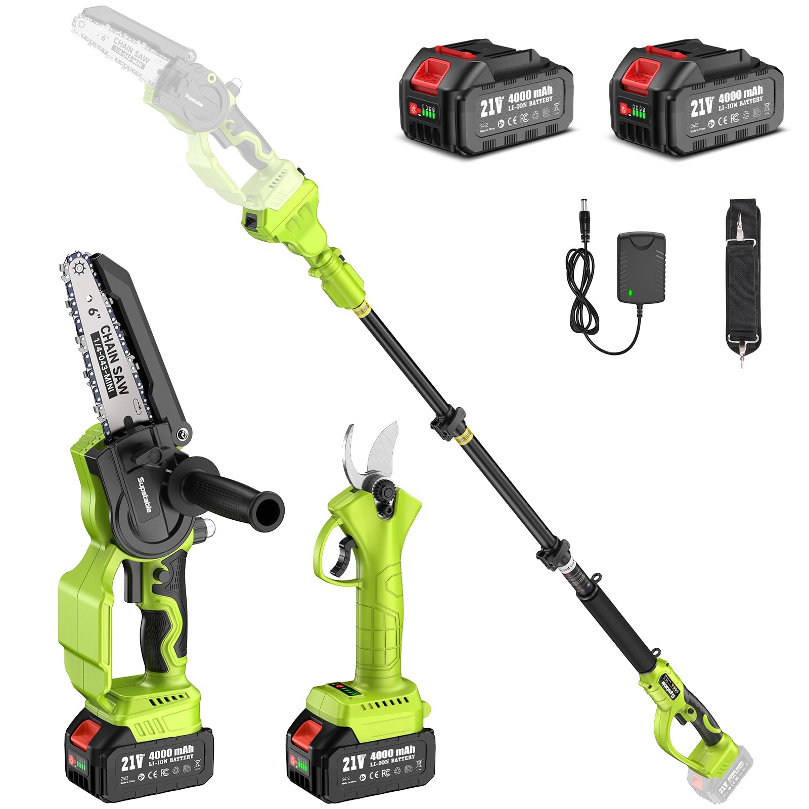 Supstable Mini Motosierra Telescopica 6 Pulgadas & Tijeras de Podar Eléctricas 33mm, 4 en 1 Kit de Herramientas con 8000 mAh Baterías, Alcance hasta 4,8 m, Tensión y Cambio de Cadena sin Herramientas