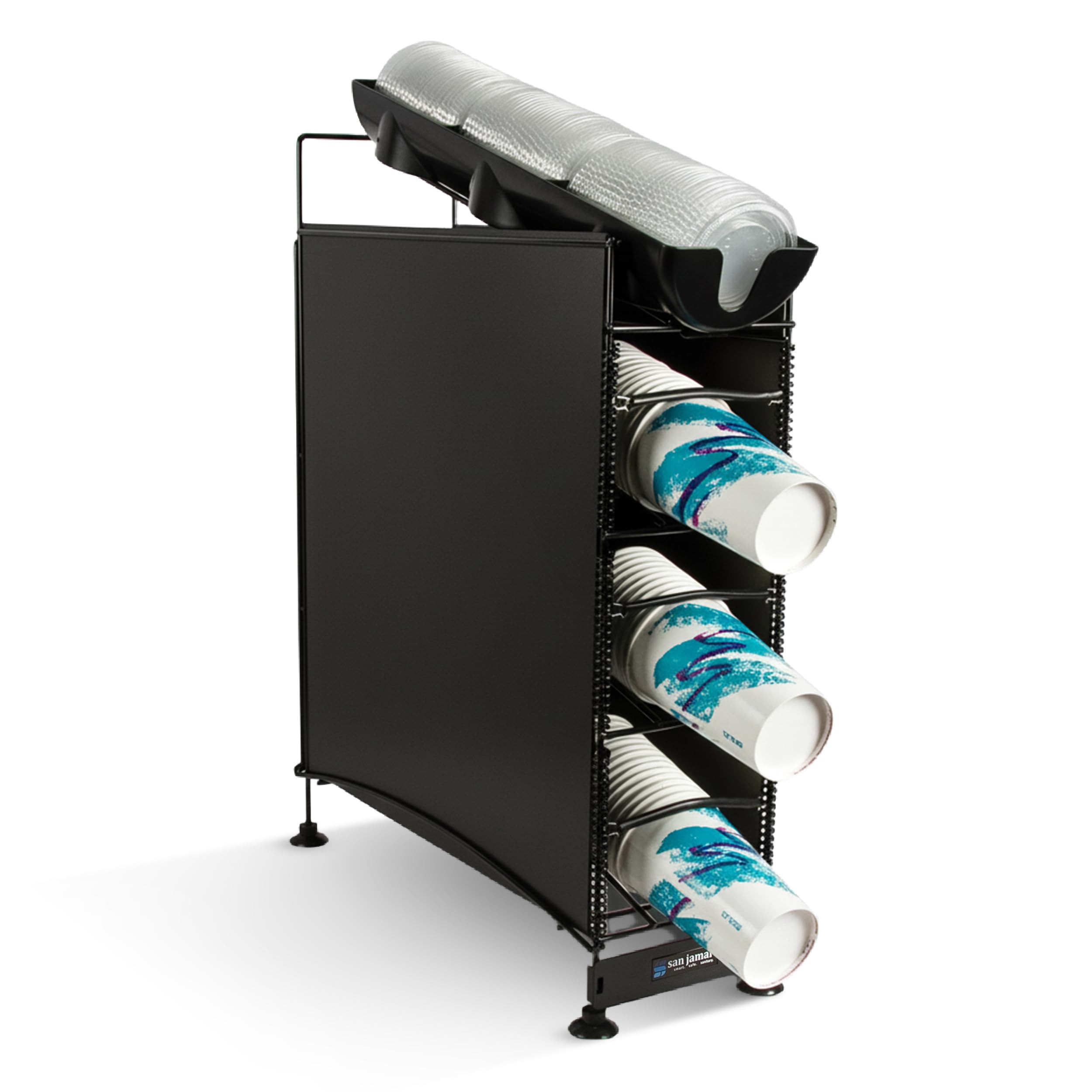 Wireworks Cup Dispenser and Lid Organizer- 4-Tier- Holds 270 Cups- Metal- Black by San Jamar – 4 Positions, 280.0 cups, Plastic, Black, Model C8504WFD