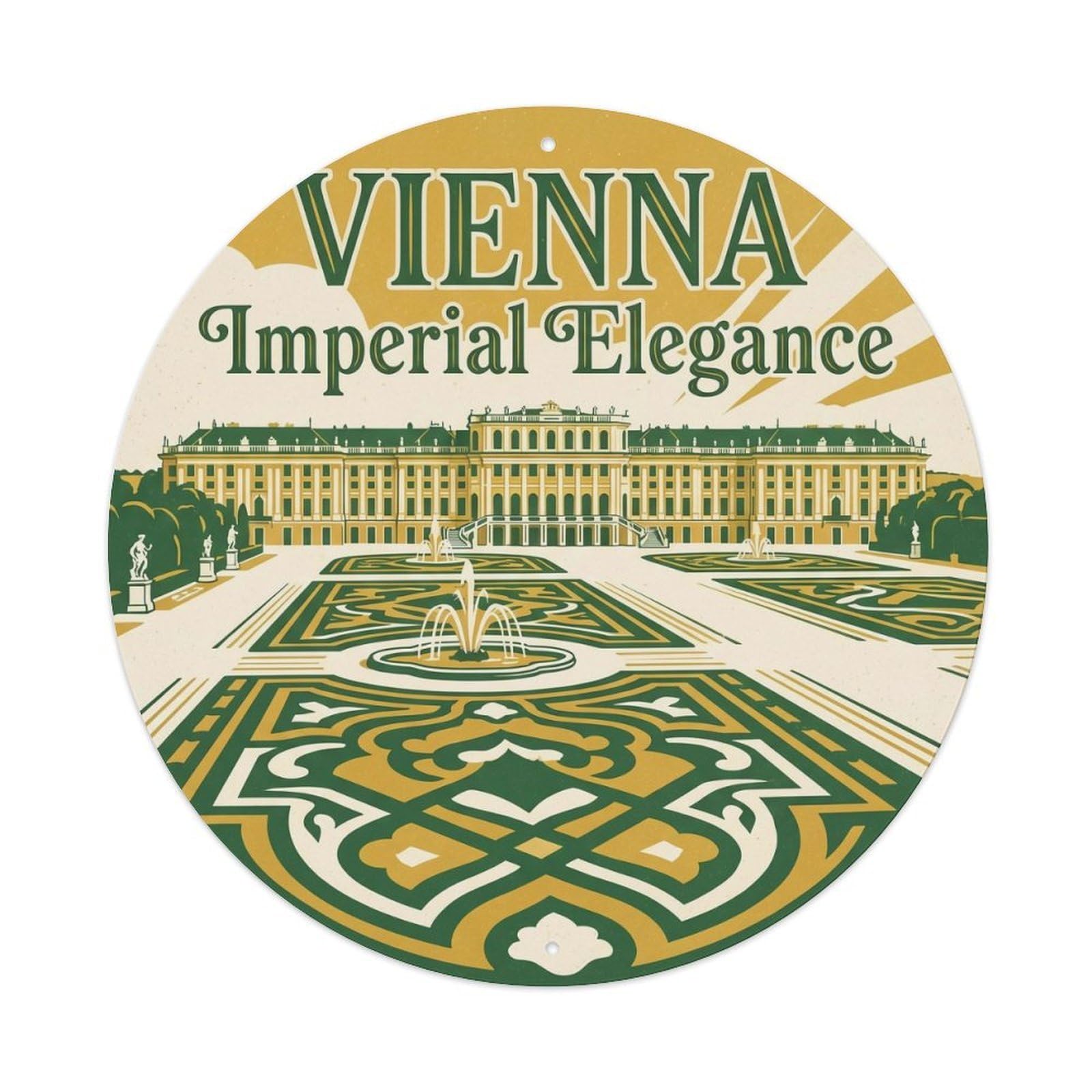 Yrnq Vintage Style Vintage Travel Vienna Palace Austria Vintage Metal Tin Sign Plaque Wall Decor For Cafe, Club, Garden Round Metal Poster 8X8inch