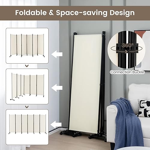 Miniatura 5 de Giantex Divisor de habitación plegable de 6 paneles de 5.7 pies con rodillos, color blanco, pantalla de privacidad plegable grande de 132 pulgadas