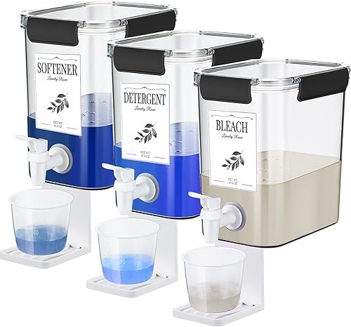 Soaoo Juego de 3 dispensadores de detergente líquido para ropa con grifo y taza de detergente, etiquetas de soporte de detergente, contenedor de