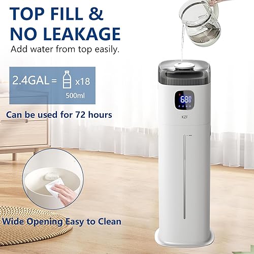 Miniatura 4 de Humidificador grande para dormitorio, humidificador ultrasónico de niebla fría de 9L2.5 galones con humidistato, boquilla de 360, nivel de niebla