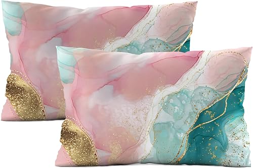 HVEST Juego de 2 fundas de almohada de mármol rosa y verde con textura de mármol abstracto rosa y dorado de 12 x 20 pulgadas, fundas de almohada