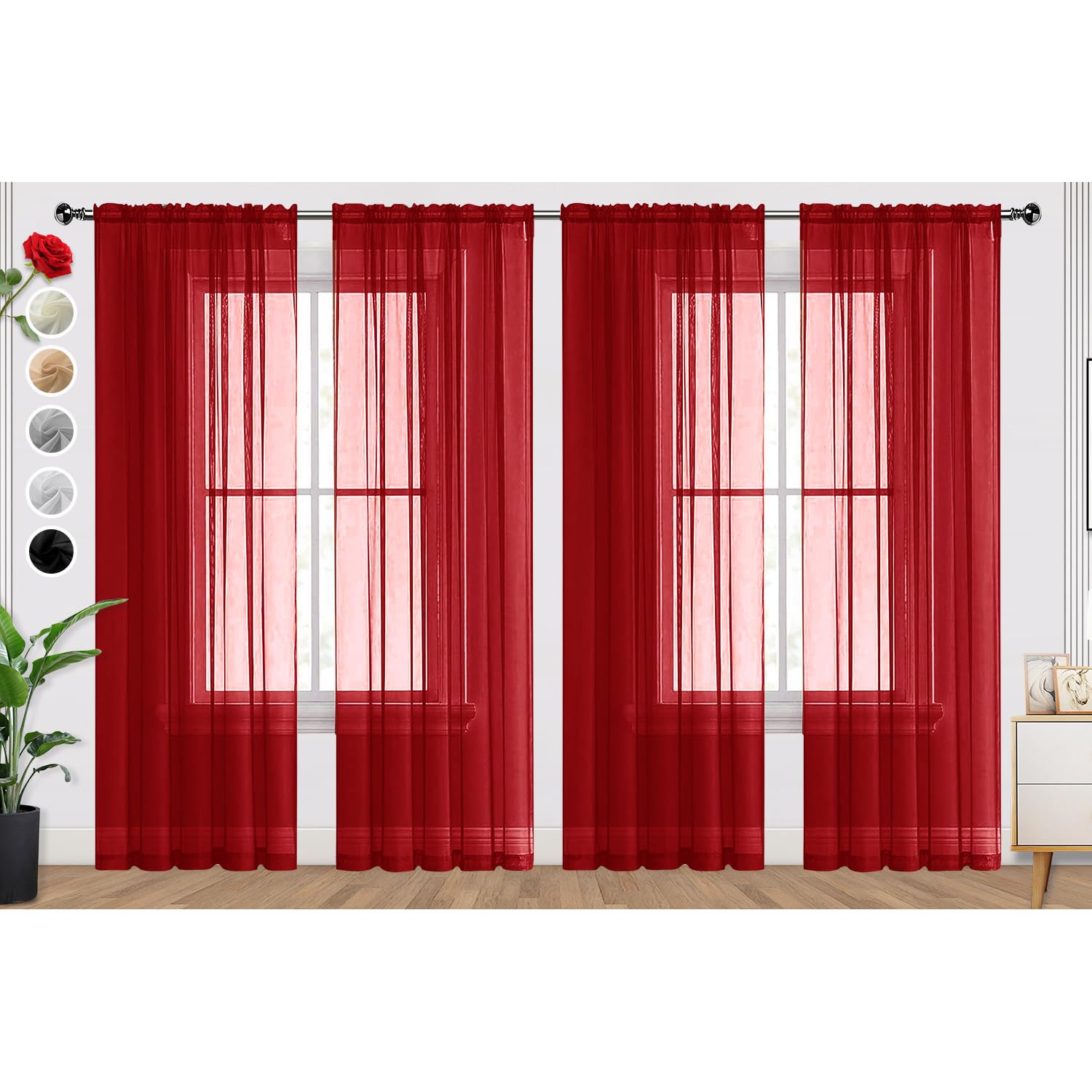 SpaceDresser Christmas Red Sheer Curtains 4 Panels Rod Pocket Semi-Sheer Curtain 63 Inches Long Light Filtering Voile Window Drapes for Bedroom Living Room Kitchen, Each 52W x 63L — image 1