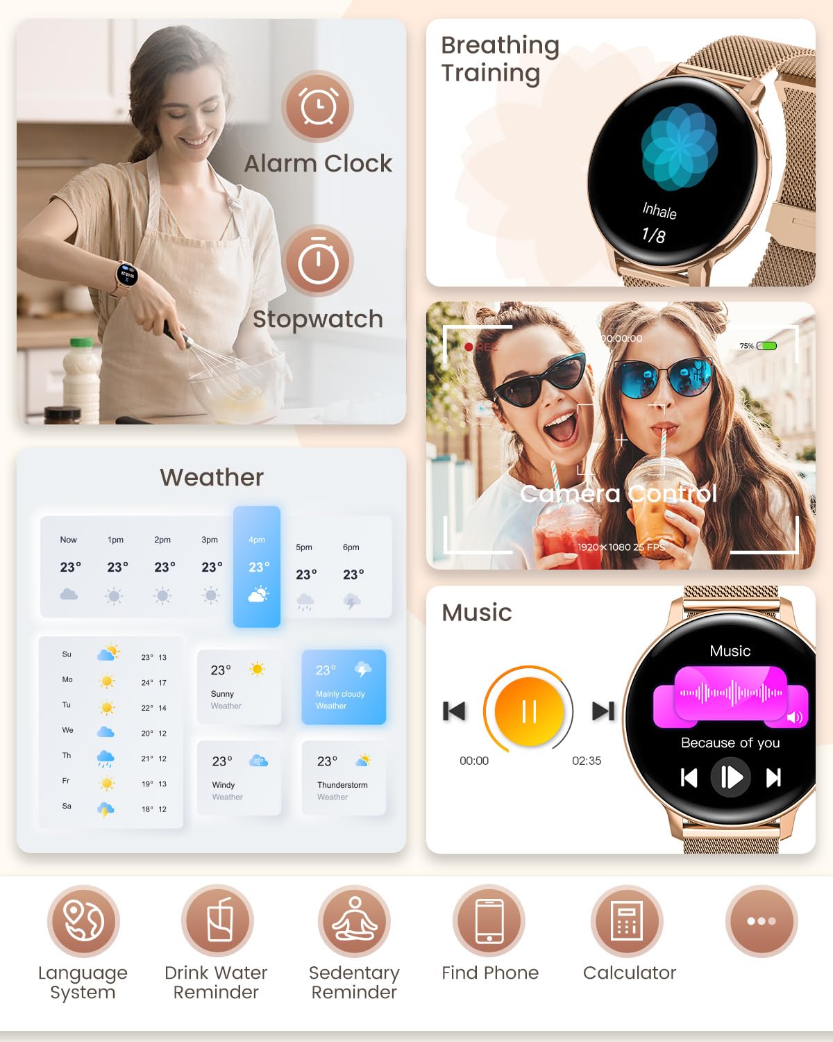 Sanorum Smartwatch Donna, 1.39" Orologio Smartwatch con Chiamate, Fisiologia Femminile, 24H Cardiofrequenzimetro SpO2, Sonno, 120+ Sport, Notifiche, Smart Watch Fitness per iOS Android Oro Rosa