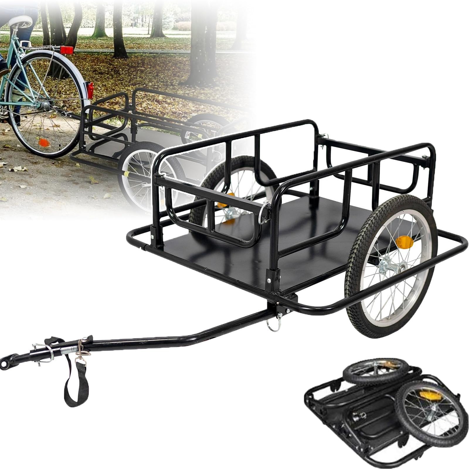 Remolque de carga plegable para bicicleta, remolque de bicicleta de acero resistente con barra de tracción para transportar mercancías pesadas, equipaje, comestibles, herramientas, plantas