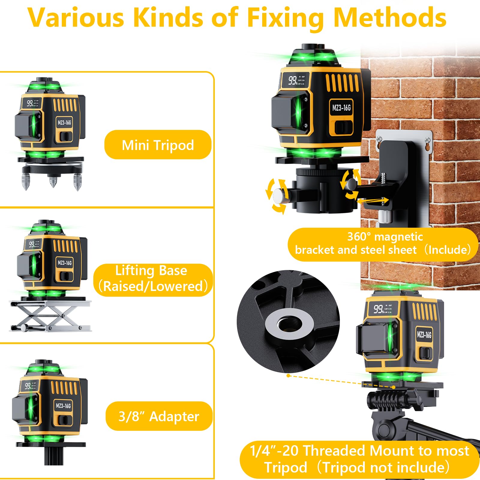 Livella Laser Verde 4D 16 Linee - Autolivellante, 360&deg;, Telecomando, Base Magnetica, Per Interni Ed Esterni