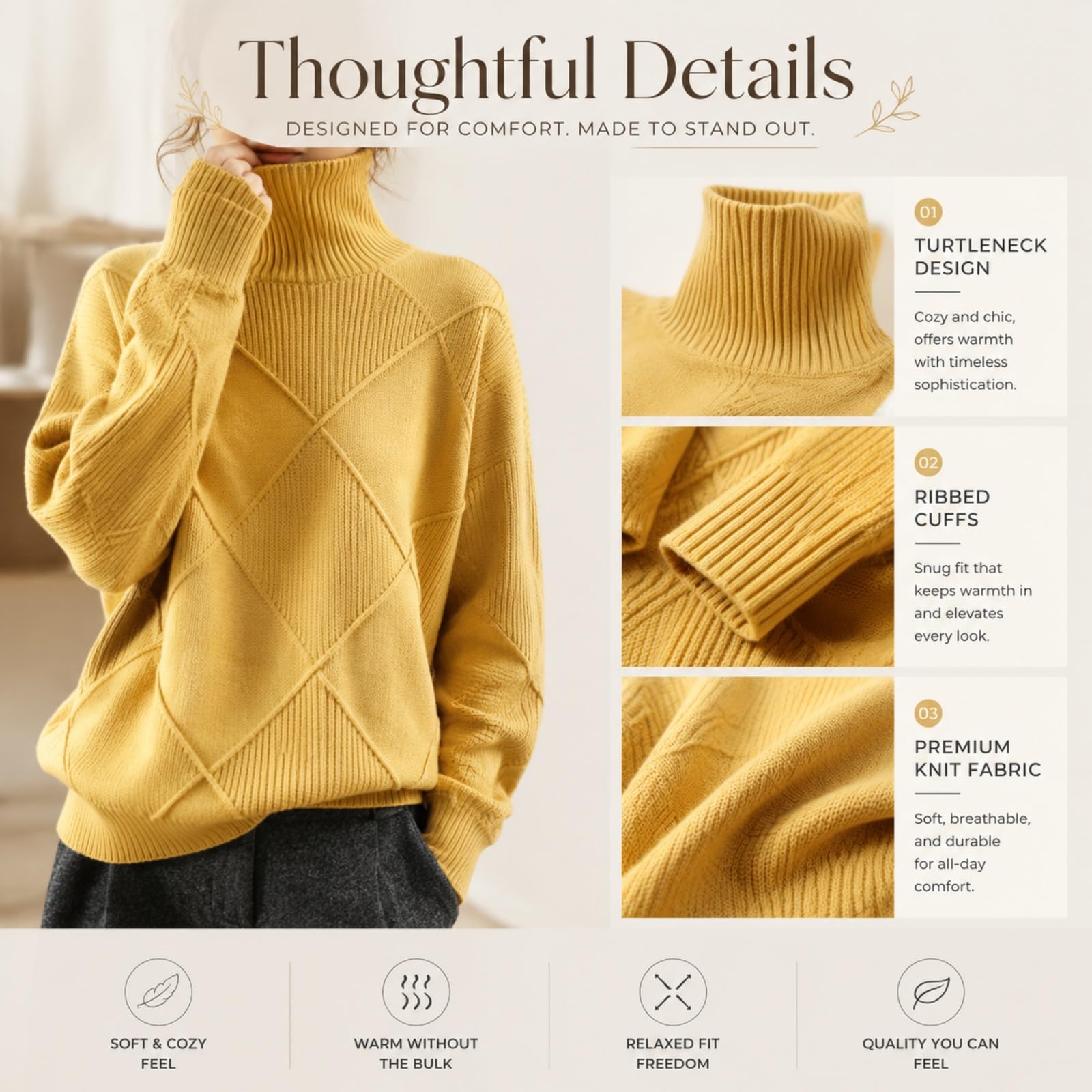 Maglione da donna oversize a collo alto in maglia a diamante | Maglione lavorato a maglia a coste geometriche del collo alto, cima di base calda di base di strato di lavoro