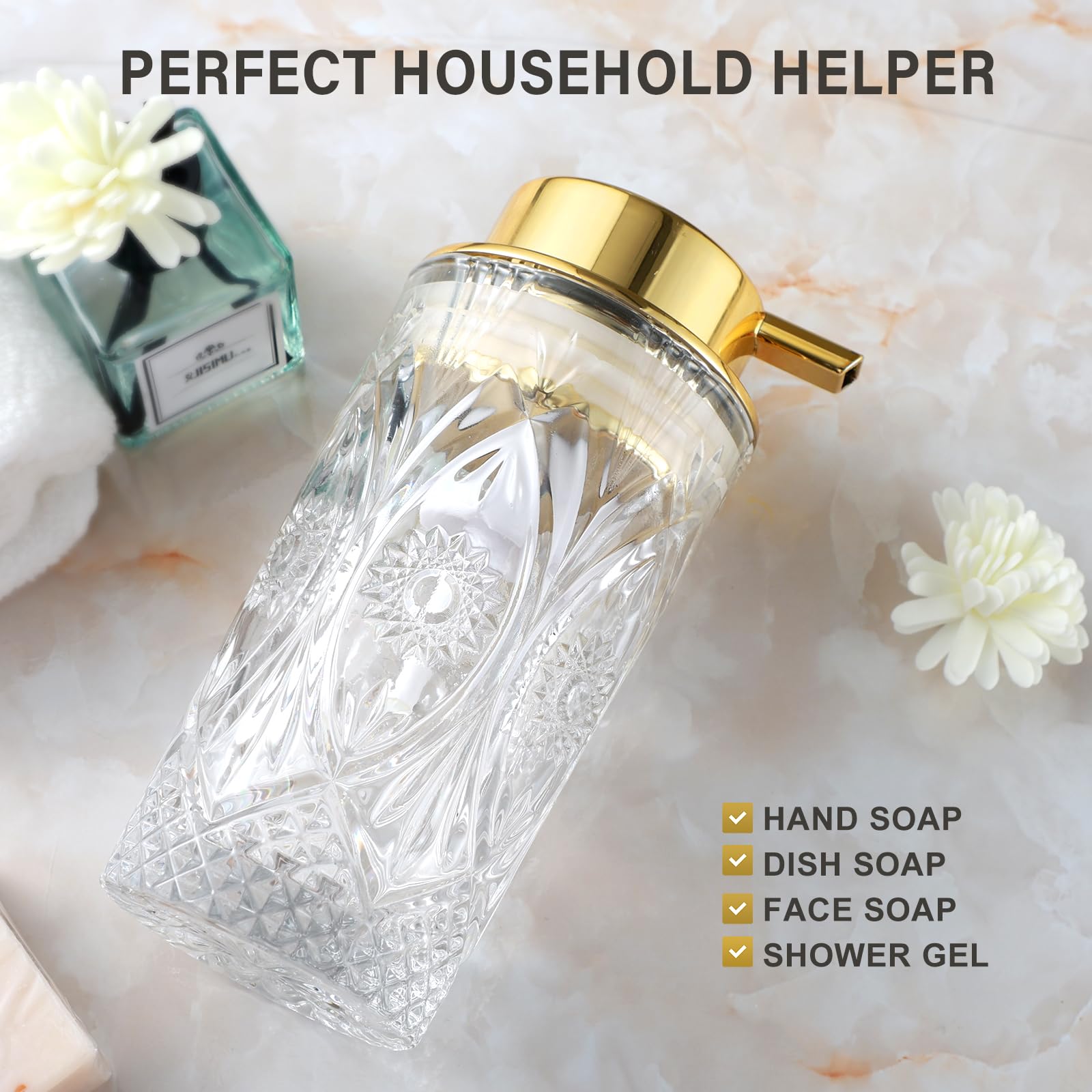 LEICURACE Glass Foaming Hand Soap Dispenser, Clear with Pump (Sun Pattern)