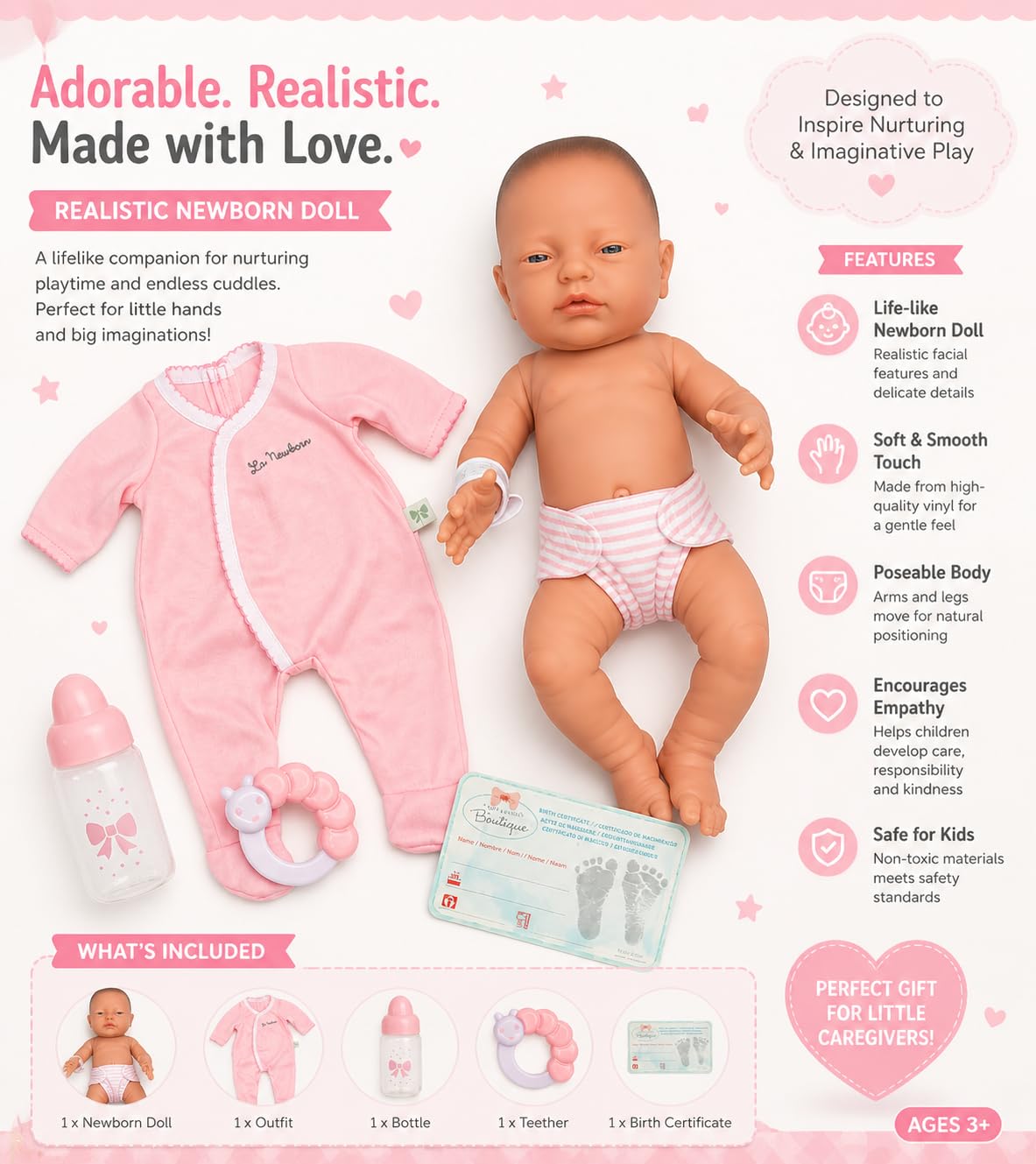 JC Toys 38,1 cm realistische Babypuppe für Neugeborene, hergestellt in Spanien, weicher Vinylkörper mit Zubehör, rosa gekleidet