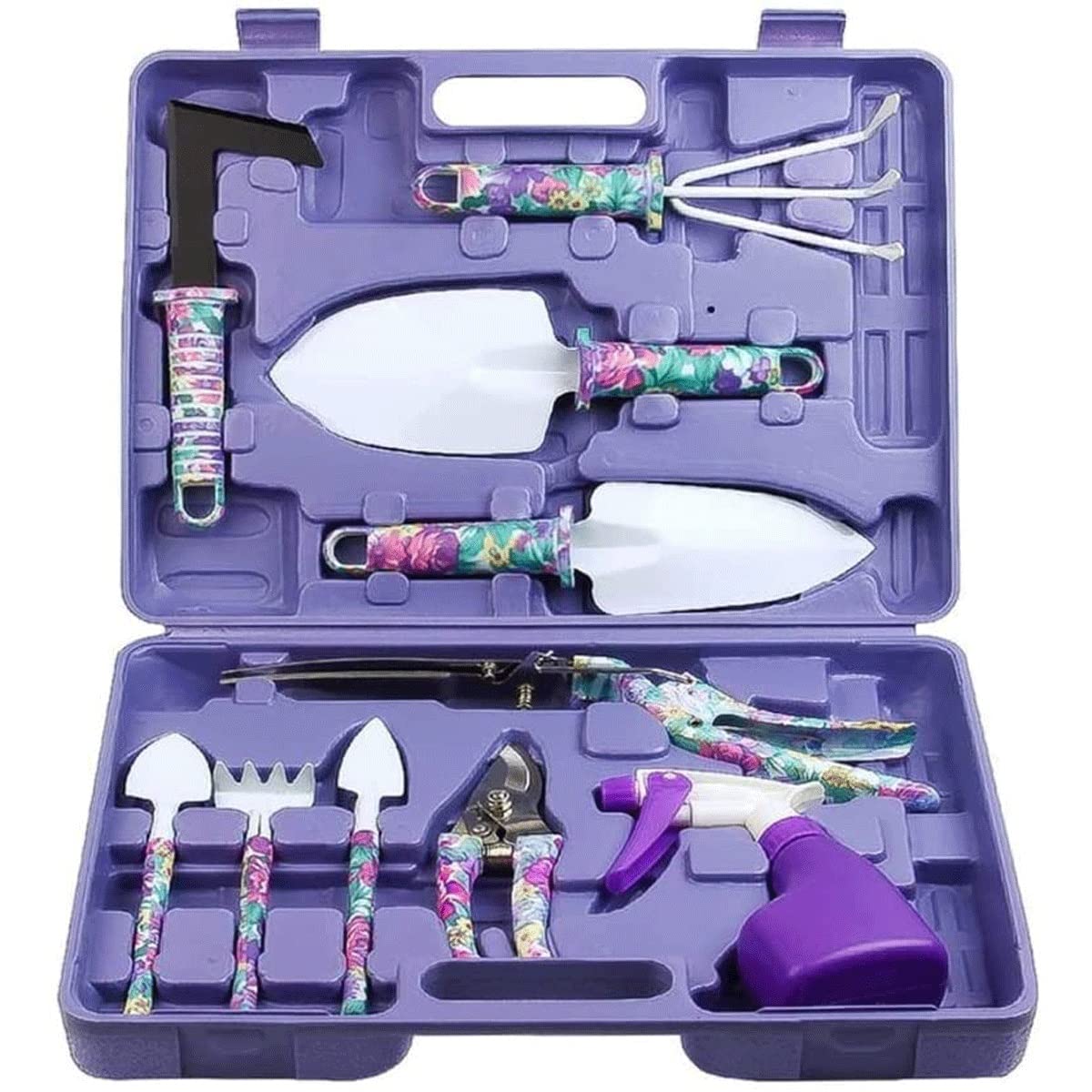 Gartengeräte-Set, 10 Stück Gartengeräte mit Lila Blumendruck, Gartenhandwerkzeuge mit Tragetasche Gartenarbeit Geschenke for Frauen Gartengeschenke für Frauen Männer