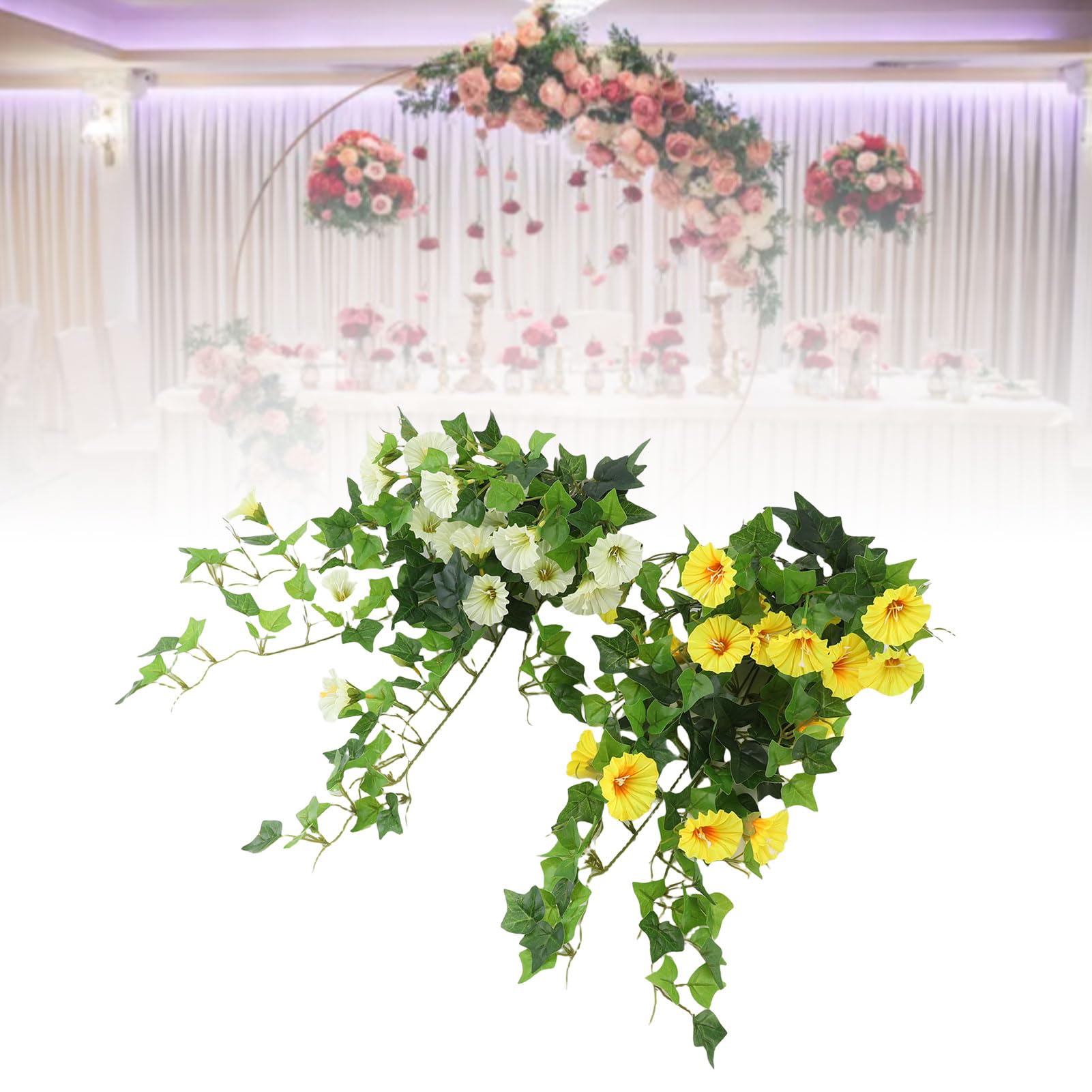 Cocoarm Sztuczna Girlanda z Kwiatów Tkanina i Plastik Sztuczna Wisząca Morning Glory 50 Cm Gradalne Płatki Kształtowane Winorośle na Wesele Patio Balkon Dekoracja ścienna (Biało żółty)