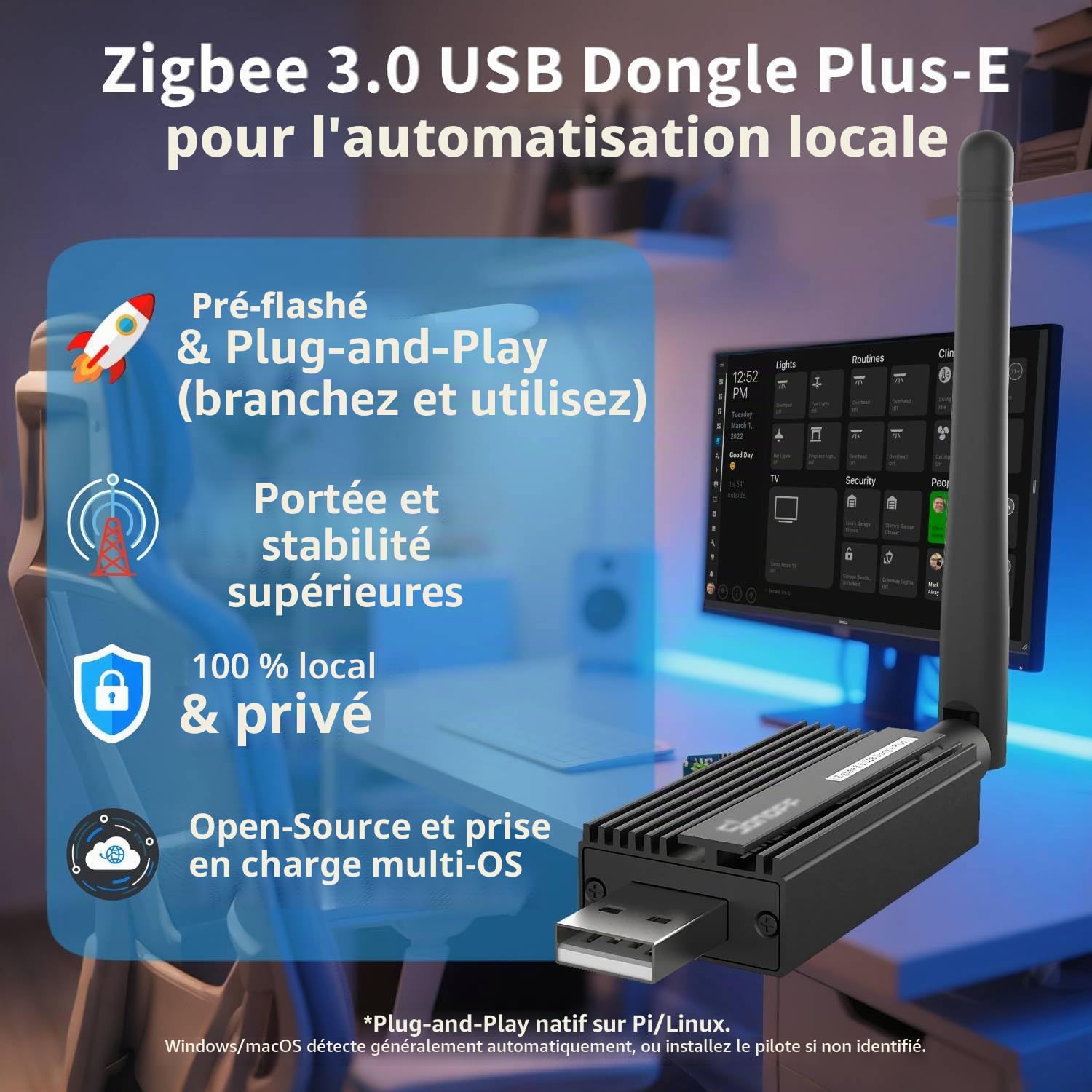 Zigbee 3.0 Dongle USB Plus-E, passerelle universelle pour Home Assistant, Zigbee2MQTT, openHAB, ZHA Coordinator Hub, puce EFR32MG21, ZBDongle-E pour contrôle local domotique intelligente, remplace les