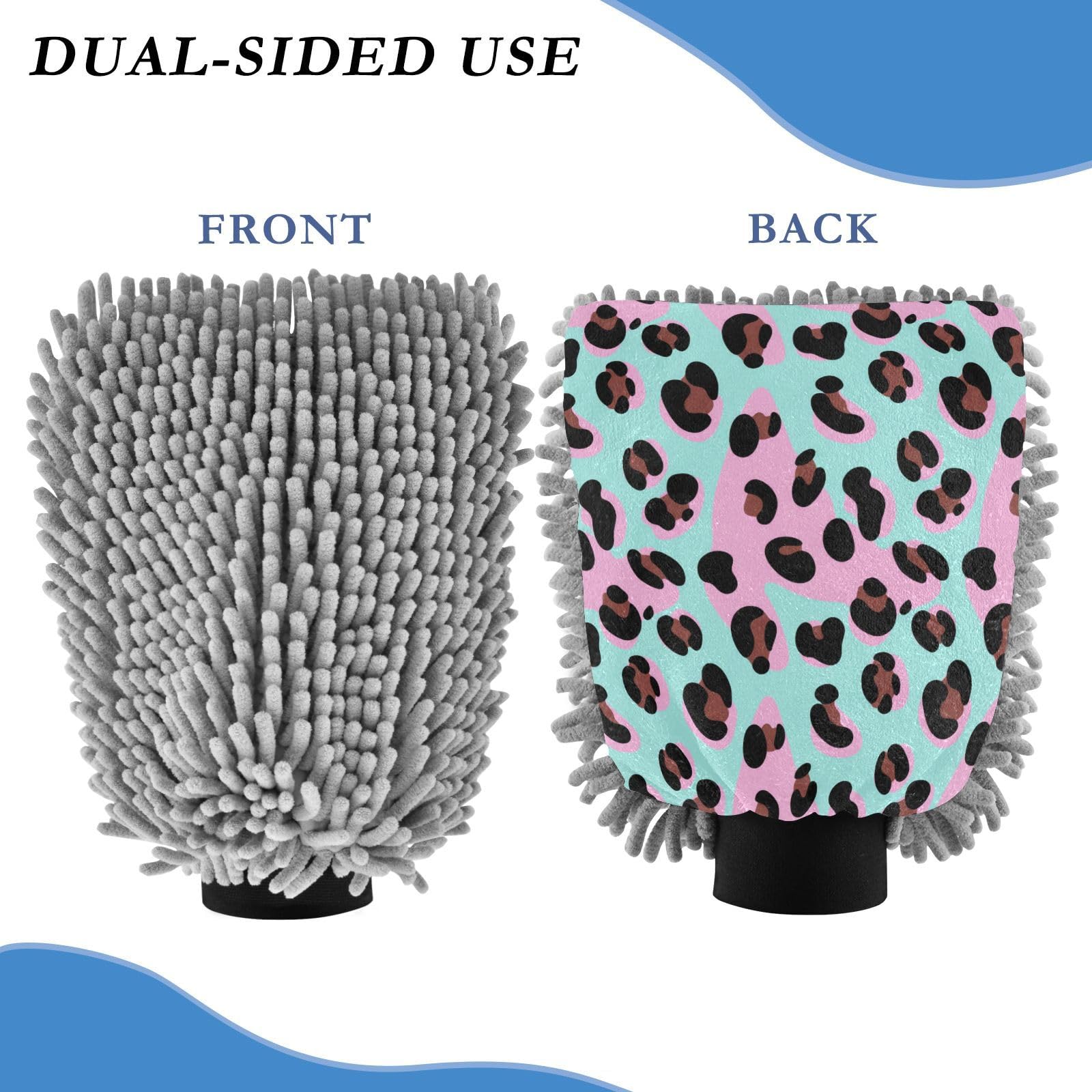 STAYTOP Beautiful Leopard Print Car Wash Mitt Microfiber, 2Pcs Scratch Free Lint-Free, Premium Chenille Microfiber Mitt Car Wash Brush-M