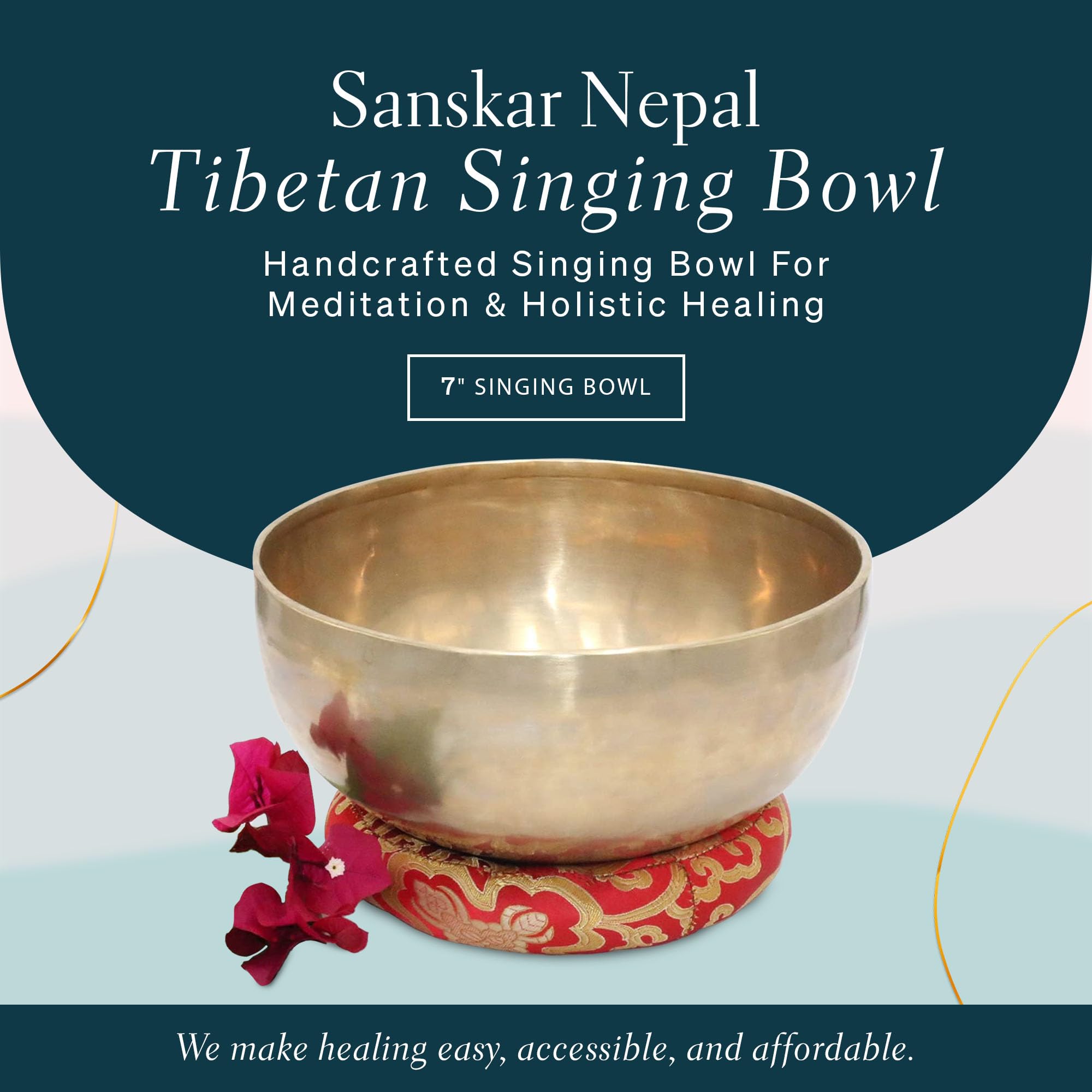 Sanskar Nepal - Tibetan Singing Bowl, Handcrafted Singing Bowl for Meditation, Prayer & Holistic Healing, Yoga Accessories, 7” Sound Bowl with Wooden Striker, Artisanal Pouch & Cushion
