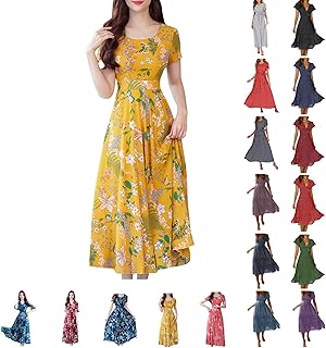 Dresses for Women 2024 Fashion Print Short Sleeve Summer Maxi Dress Casual Plus Size Long A Line Boho Beach Floral Midi Dress - Buy now