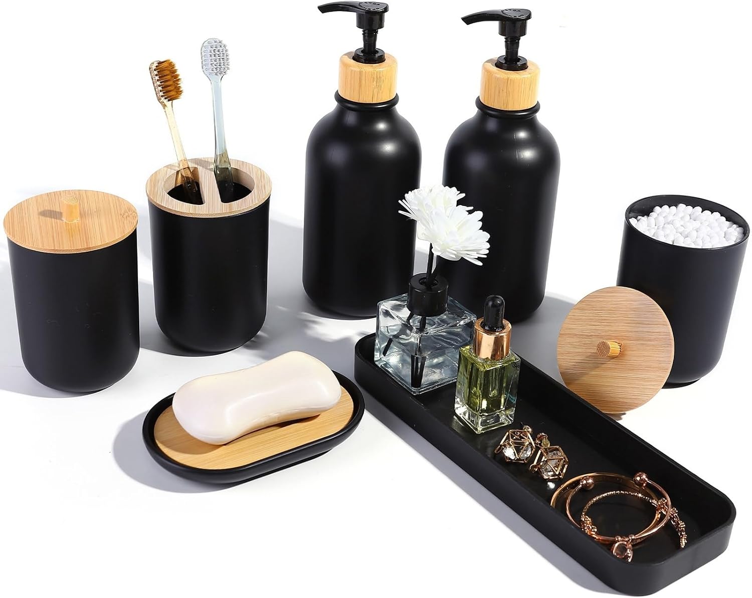 Matte Black Bathroom Accessories Set 7 Pcs,Bamboo Bathroom Accessories Sets,Black Soap Dispenser and Toothbrush Holder Set,Qtip Holder,Vanity Tray,Soap Dish,Modern Bathroom Decor Matte Black Bathroom Accessories Set 7 Pcs,Bamboo Bathroom Accessories Sets,Black Soap Dispenser and Toothbrush Holder Set,Qtip Holder,Vanity Tray,Soap Dish,Modern Bathroom Decor