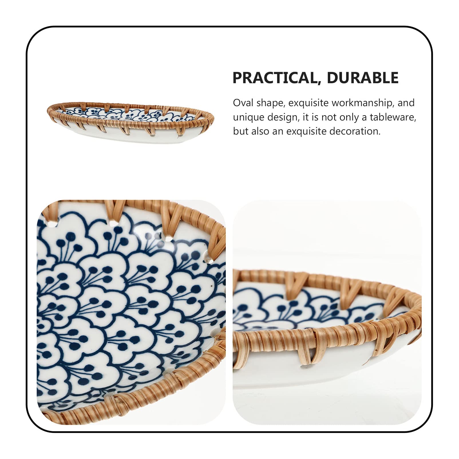 Hemoton Ceramic Dessert Plate Vintage Style Fruit Salad Snack Holder Rattan Oval Porcelain Tray Floral Dinnerware Plate for Home Kitchen