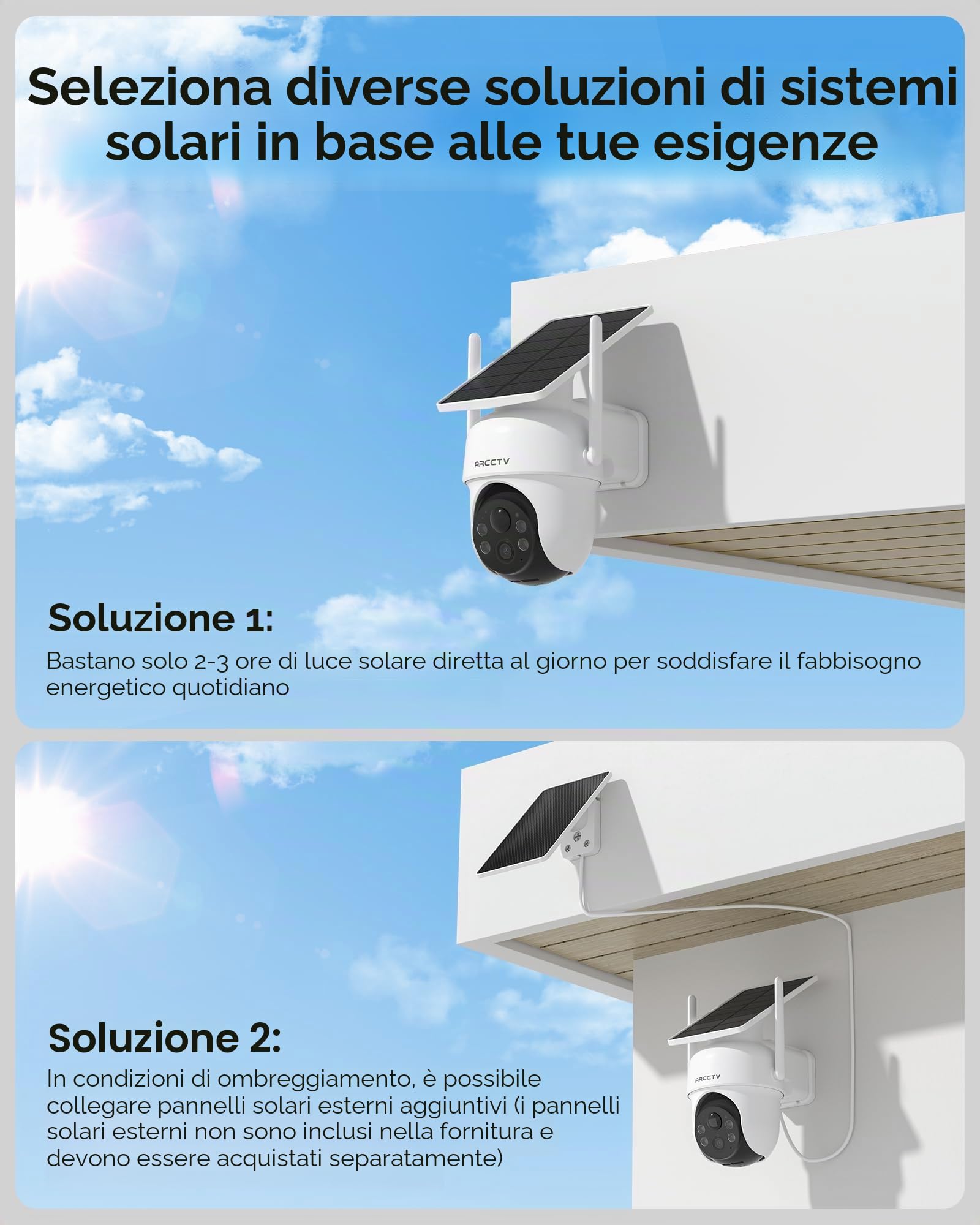 ARCCTV Telecamera di Sorveglianza per Esterni, Telecamera Batteria Esterno | 100% Wireless, Rotazione a 360°, Rilevamento del Movimento, Pannelli Solari Integrati, Adatta per Kit Telecamere ARCCTV