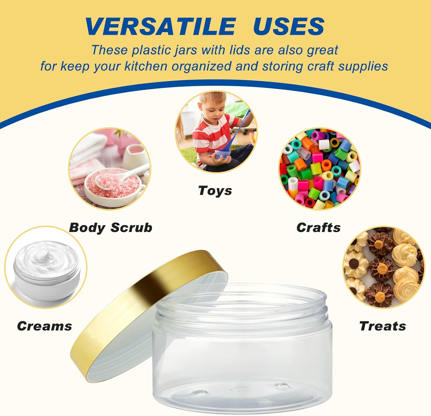 Uiifan 48 Pack 8 oz Plastic Jars with Lids & Labels, Empty Leak Proof Body Scrub Containers, Refillable Body Butter Containers Bulk for Cream, Powder Ointment, Lotion(Clear with Gold Lids)