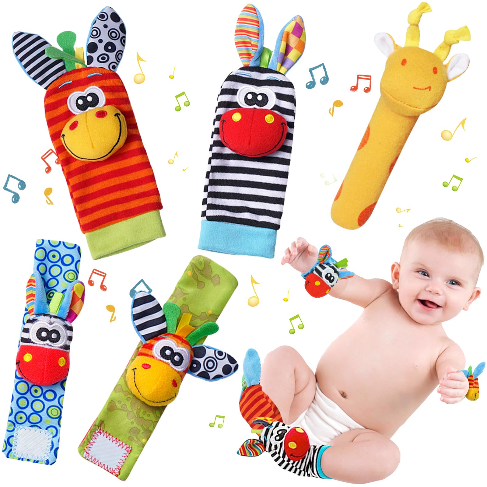 ZOCONE Baby Rattle Socks Toys Set with Wrist Rattle Toys, Cute Animal Baby Rattles & Strap Wrist Socks - Infant Sensory Toys Gift for 0-6 Month Babies Boy Girl, Red, 5 Count (WJ-JM011-04)