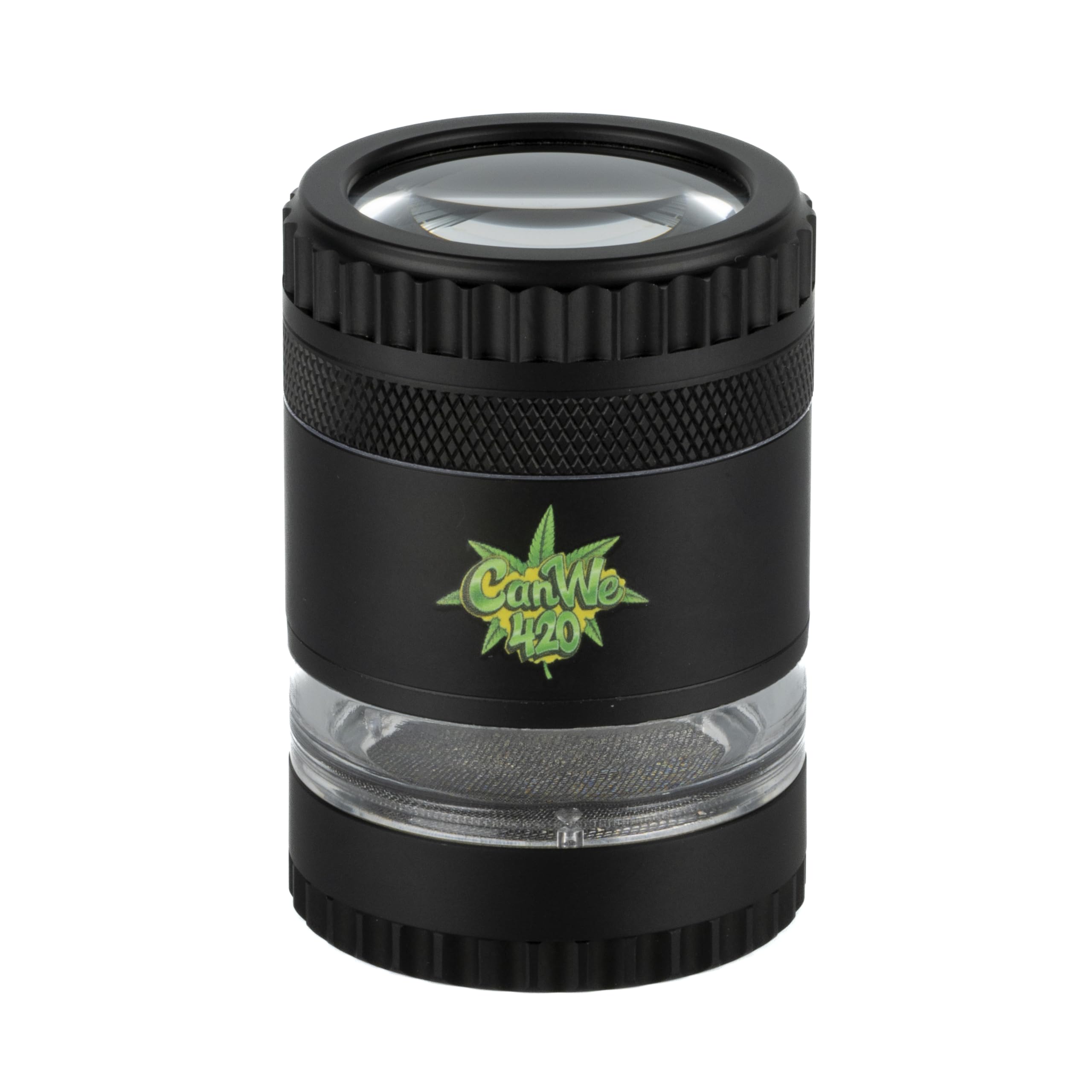 CanWe420 Aluminium Grinder [Mit Lupe & Sichtfenster] – 4-teiliger Metallgrinder Schwarz (inkl. Pollensieb & Magnetdeckel) – Grinder für Kräuter & Blüten (Effizient & Präzise)