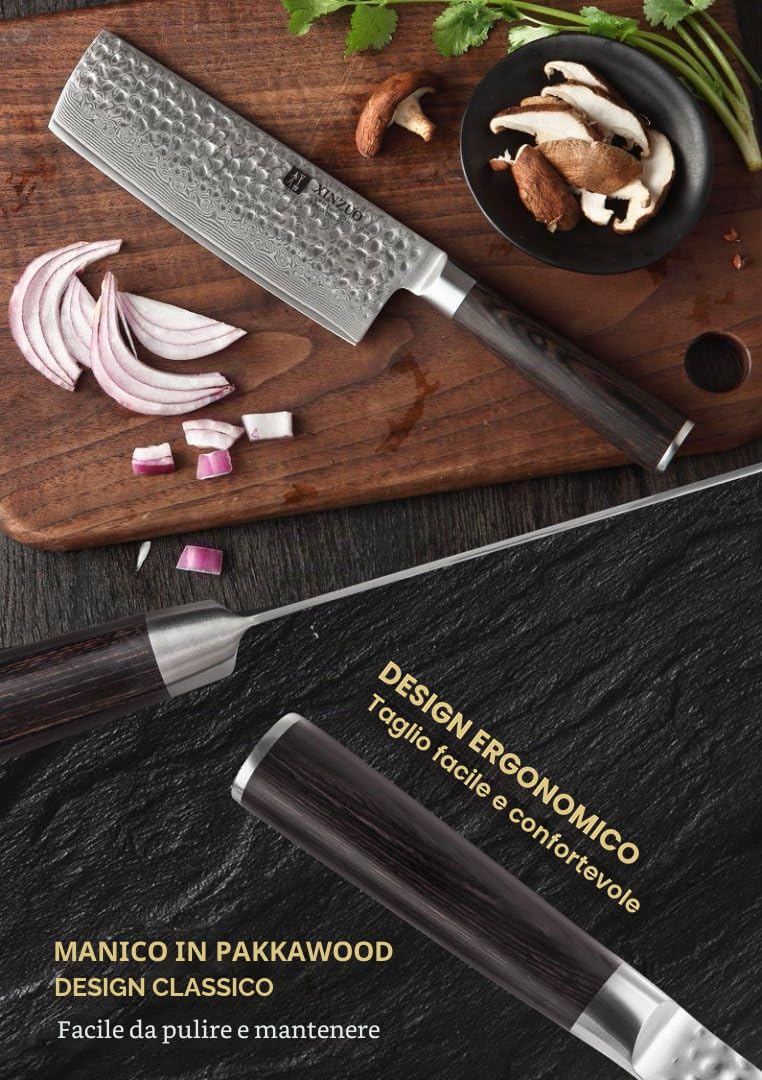 XINZUO 17cm Coltello Nakiri da Cucina -67 Strati Acciaio di Damasco Coltello da Cuoco Professionali -Adatto per Tagliare Carne, Pesce, Verdura e Frutta -Manico in Legno di Pakka -He Serie