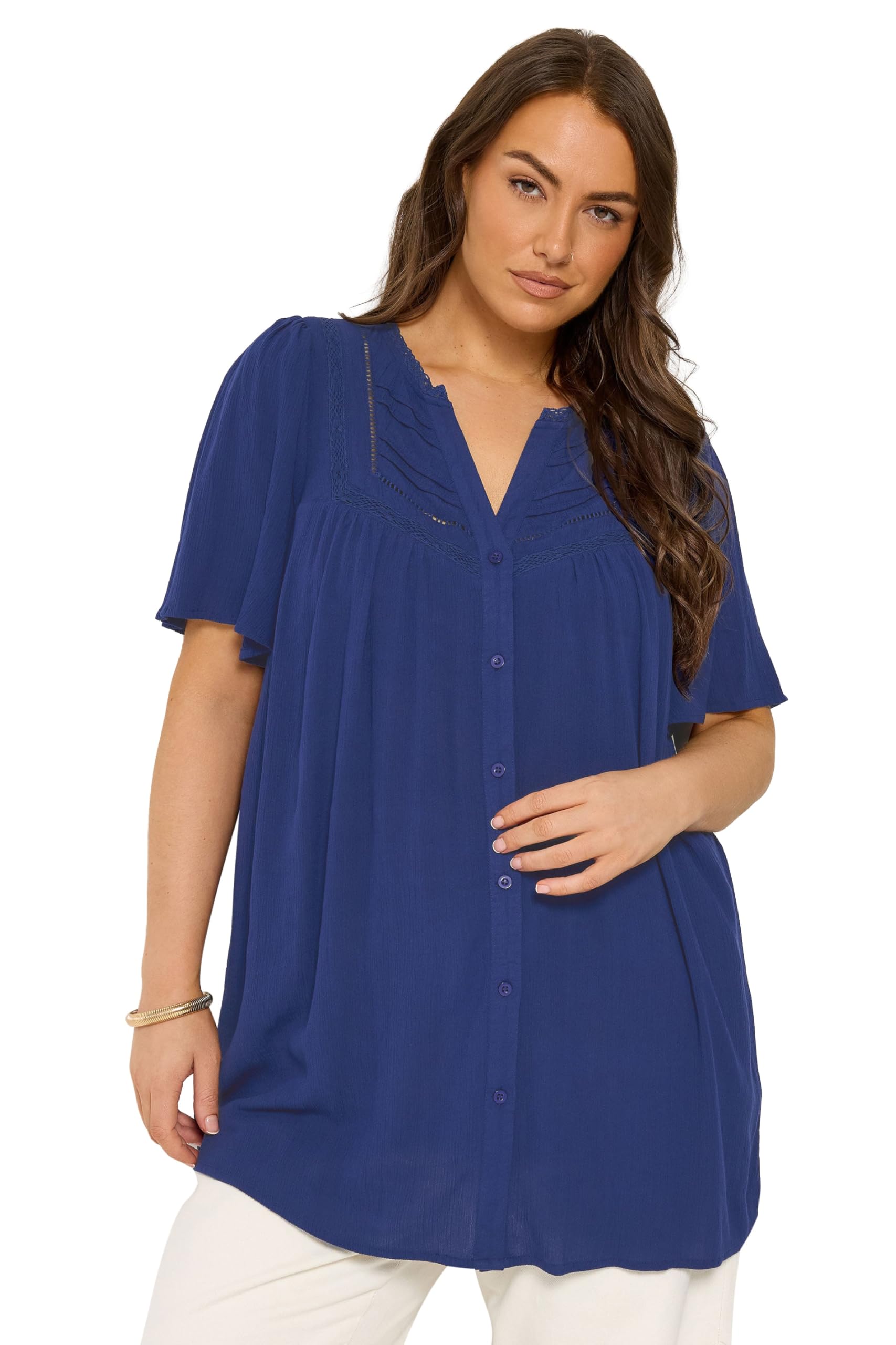 Yours - Women's Blouse - Notch Neck - Short Sleeve - Dark Blue - Denim