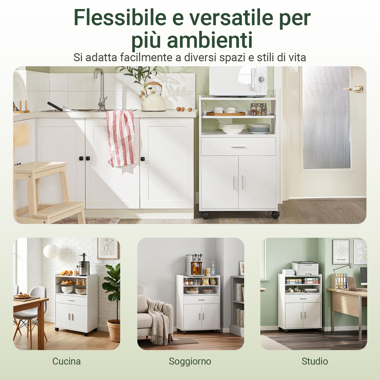 SoBuy Carrello Cucina con Ruote, Mobile Microonde con Piano Estraibile e Cassetto, Mobile Cucina Salvaspazio per Piccoli Ambienti, Cucina, Coffee Station e Soggiorno, Bianco 59×40×92 cm FSB09-W