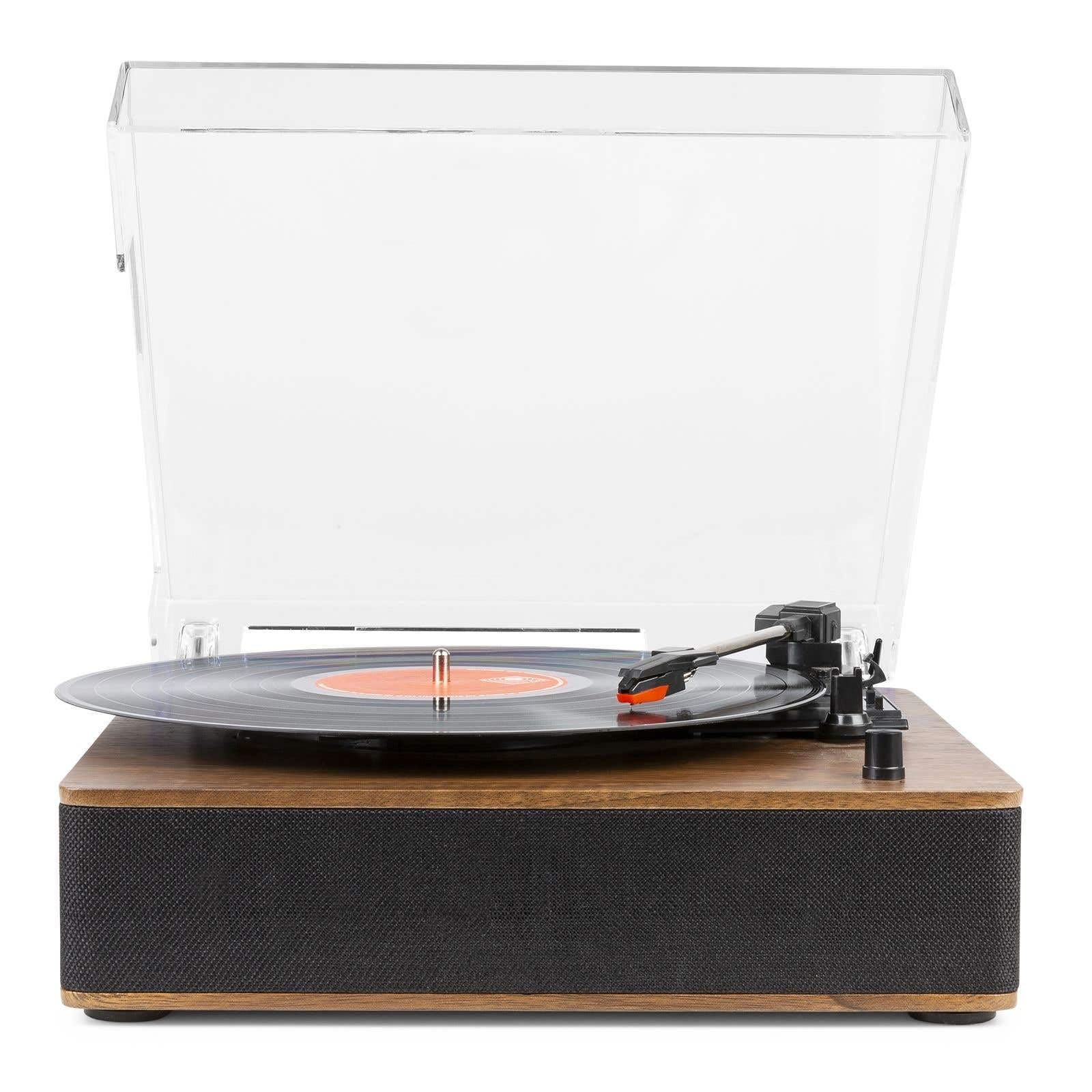Fenton RP161 Plattenspieler Bluetooth, HQ Vinyl Player, Staubdeckel, Line-Out, eingebaute Stereo Lautsprecher, 3 Geschwindigkeiten, Single Puck, Schallplattenspieler mit Lautsprecher Walnuss Braun