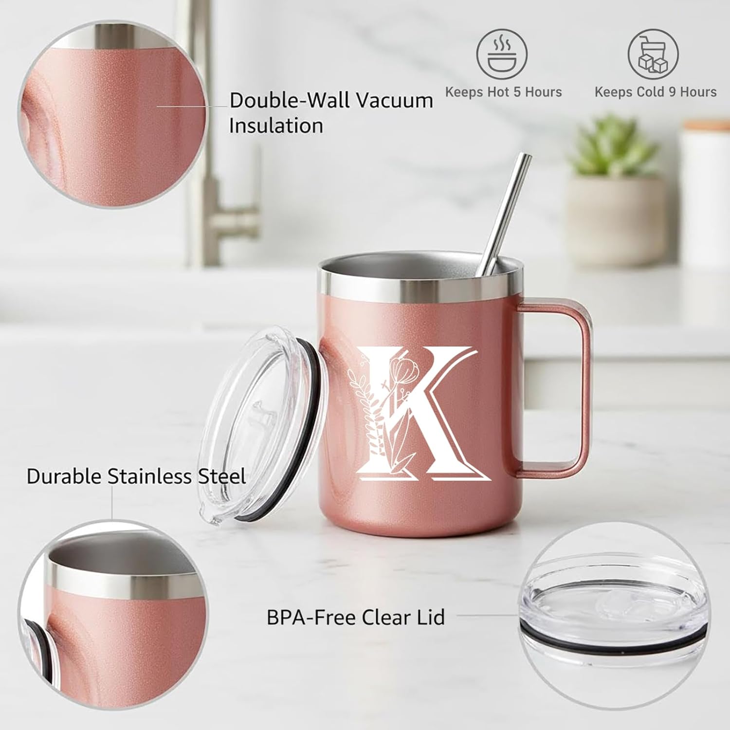Letter K Insulated Coffee Mug with Lid and Handle, Personalized Initial Mugs for Women, Letter K Gift Coffee Mugs for Women, Wife, Mom, Grandma, Bridal Shower Gifts, 12 OZ Rose Gold - Image 6